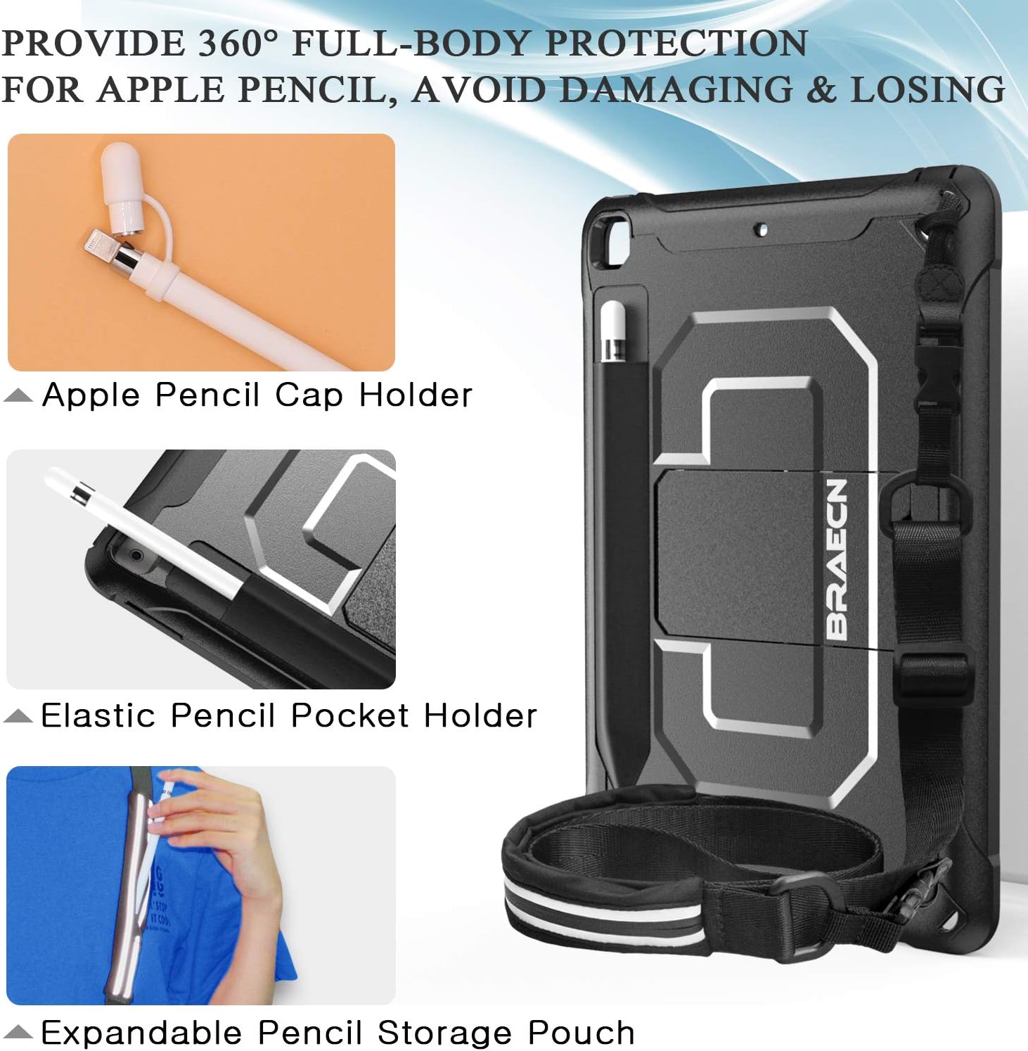 Bеѕt Cуbеr Dеаlѕ 🔥 BRAECN iPad 10.2 Case 2020/2019 with Screen Protector, Heavy Duty Protective Case with Pencil Holder/Pencil Cap Holder/Shoulder Strap/Kickstand for iPad 8th Generation/iPad 7th Generation-Black