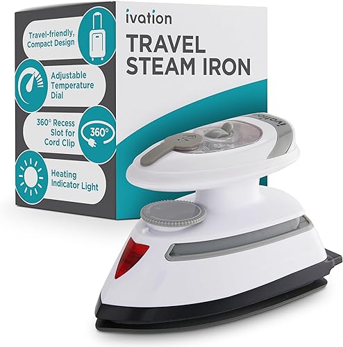 Miniatura 1 de Ivation Plancha de vapor de viaje  Mini plancha seca de doble voltaje y vaporizador de ropa con suela antiadherente, control de temperatura y luz