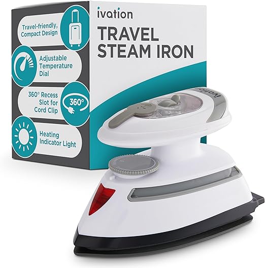 Ivation Travel Steam Iron | Mini Dual Voltage Dry Iron & Clothes Steamer with Nonstick Soleplate, Temperature Control & Indicator Light | Heats in Seconds, Small & Compact, ETL Certified, 1.3 Lbs.