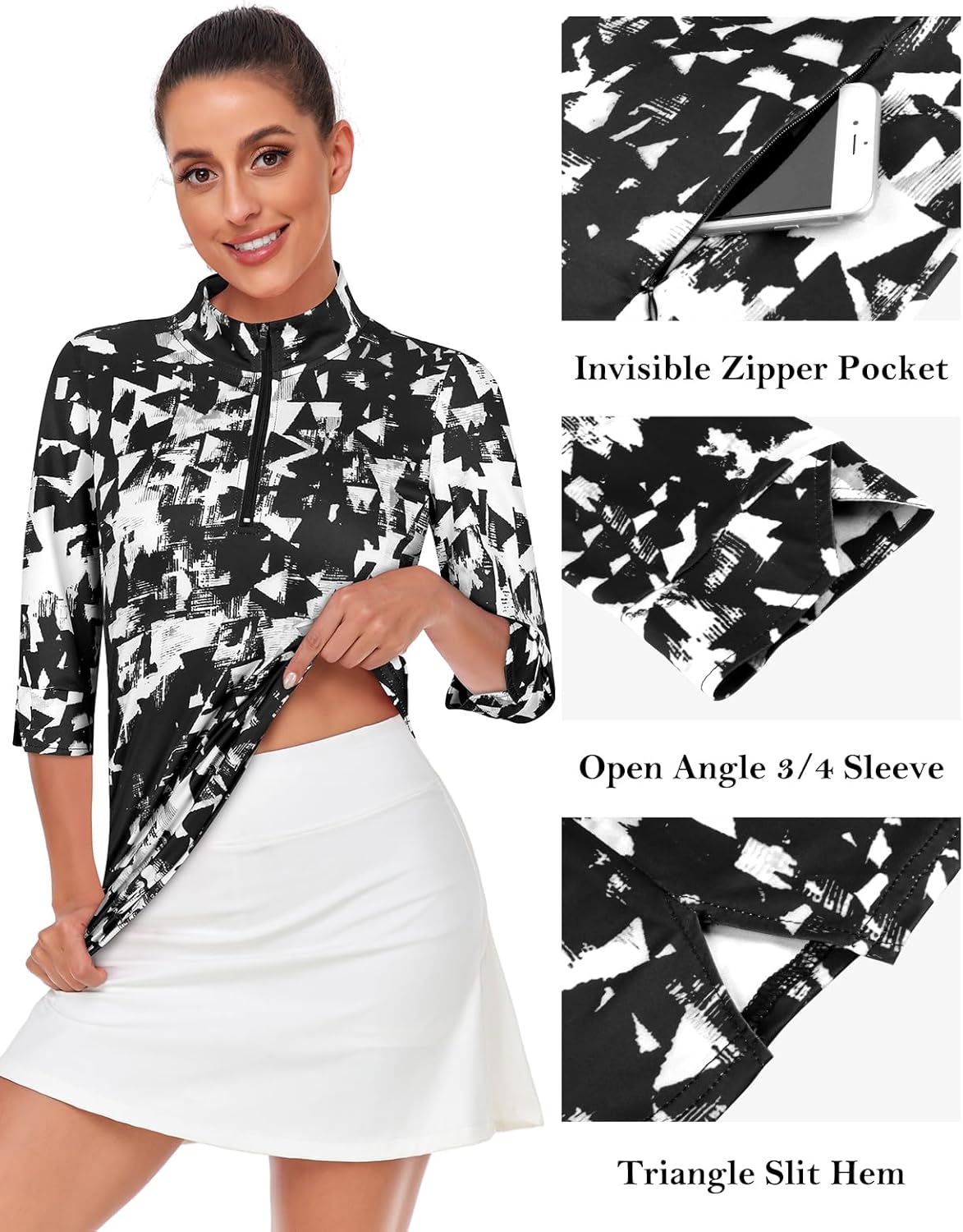 Viracy Women's Golf Shirts 3/4 Sleeve Sun Protection Quarter Zip with Zipper Pockets Athletic Polo Workout Tops S-2XL - Image 4