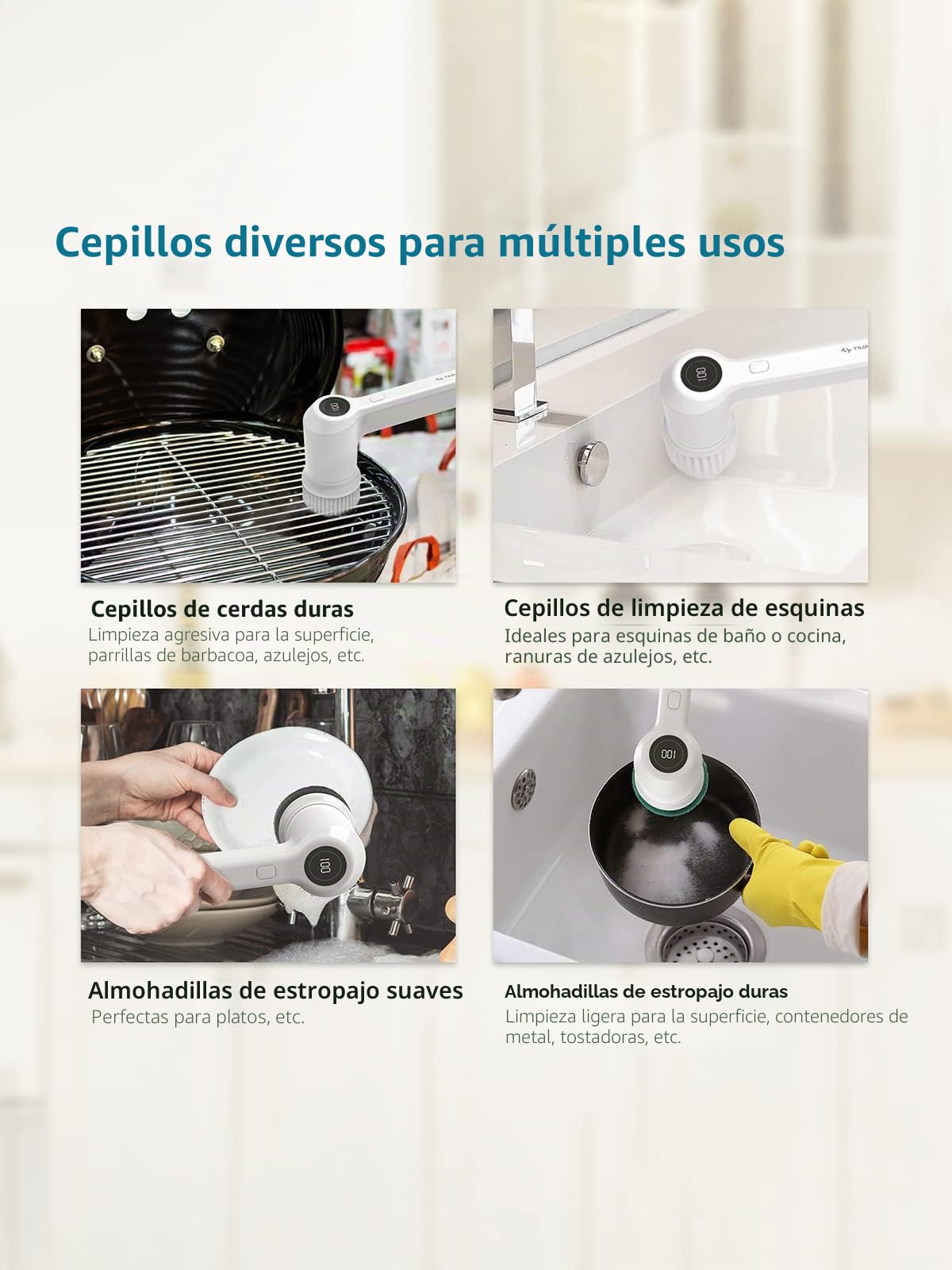 TILSWALL M4 Cepillo Limpieza Eléctrico, Cepillo Turbo Limpieza con Cabezales Reemplazables, 2 Velocidades de Rotación y 5 Cabezales Intercambiables, con Pantalla LED para Baño, Cocina, Azulejo