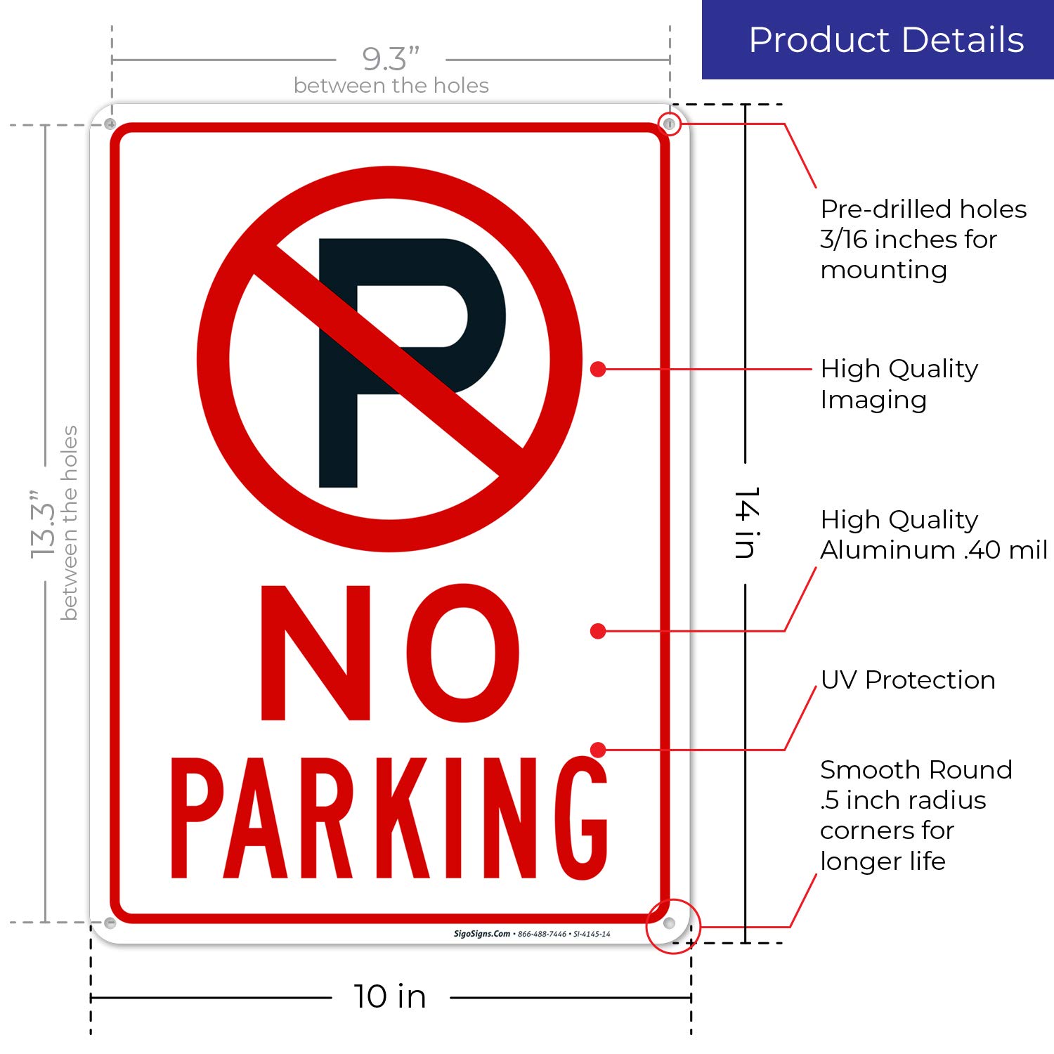 (4 szt.) bez znaku parkingowego ze znakiem symbolu, 10 x 14 nierdzewne aluminium, odporne na warunki atmosferyczne / blaknięcie, łatwy montaż, do użytku wewnątrz / na zewnątrz, wyprodukowano w USA przez SIGO SIGNS