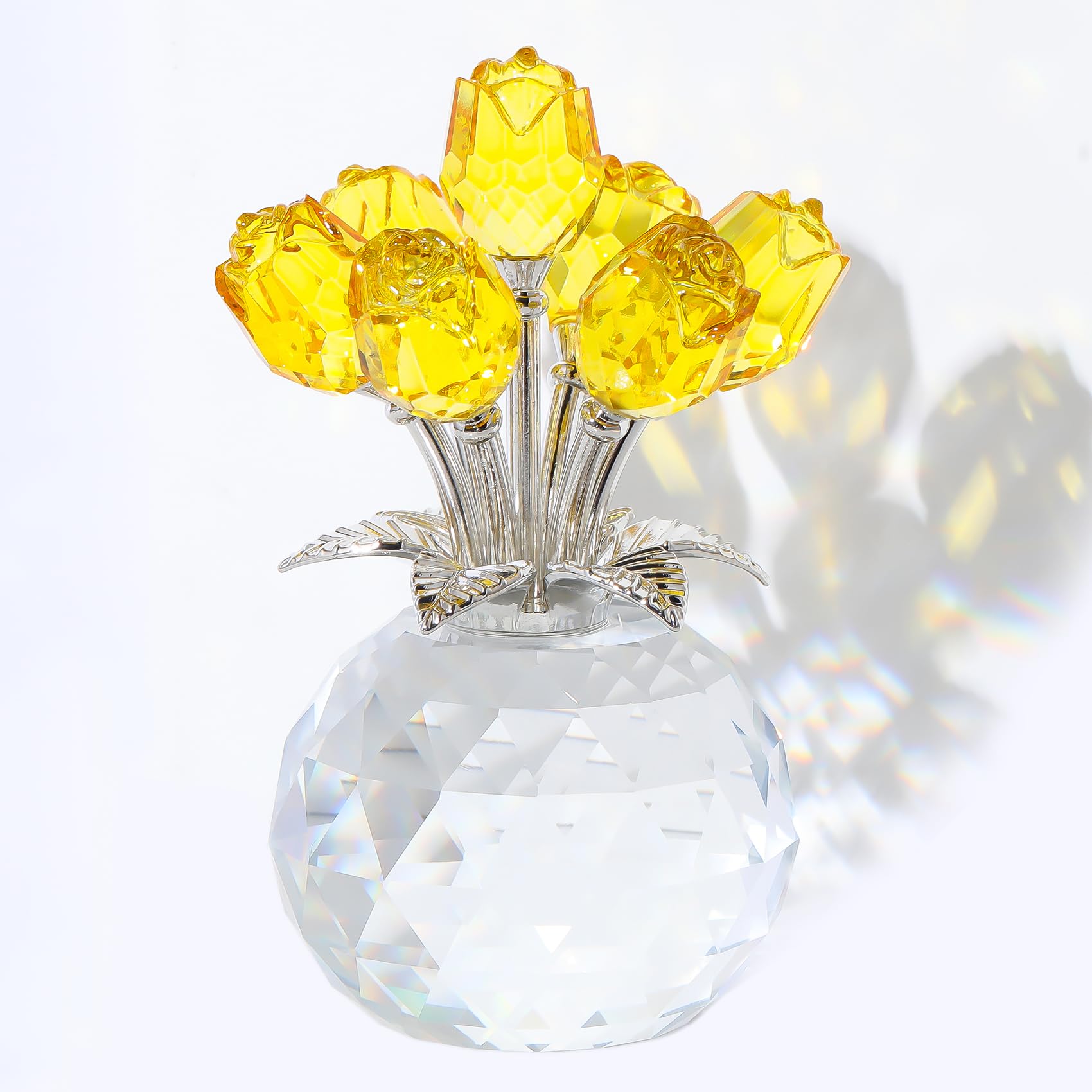 Arikyrist Crystal Yellow Rose Bouquet Figurine with Round Vase Gifts for Her, Glass Rose Flower Romantic Keepsakes for Women Mom on Christmas,