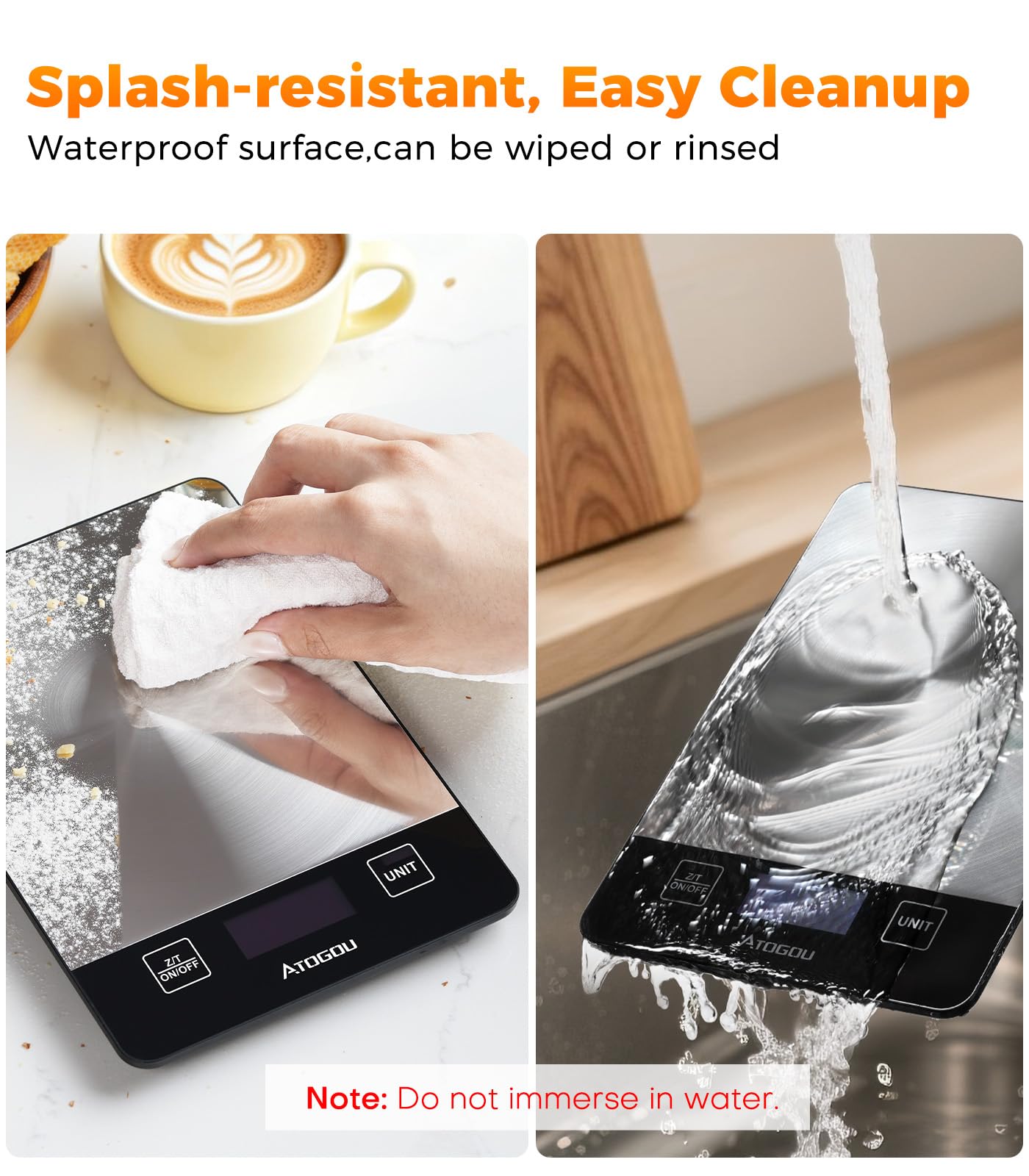 ATOGOU Báscula de cocina recargable con pantalla LCD retroiluminada de visión completa, superficie de acero inoxidable impermeable, carga USB o pilas AAA (no incluidas), para hornear, cocinar