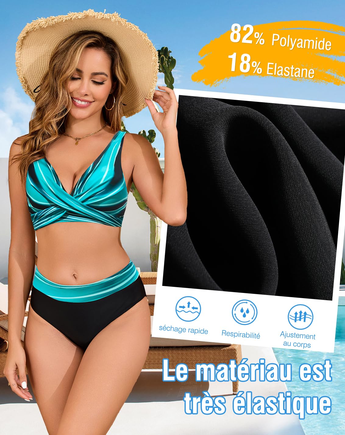 Maillots de Bain Femme 2 Pièces Push-up Taille Haute Ensembles Bikini Deux Pièces, Croisé sur Le Devant, Col V Bikini Set, Rembourré Beachwear Été