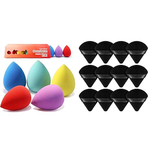BEAKEY Juego de 5 esponjas de maquillaje, esponja de belleza de mezcla de base, 12 esponjas de polvo para polvo facial, soplo de maquillaje