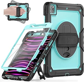 Timecity iPad Pro 12.9 Case 2022/2021/2020, iPad Pro12.9 6th/5th/4th Gen Shockproof Protective Case with Screen Protector, Pen holder Rotating Stand,Hand/Shoulder Strap,Support Pencil 2 Charging, Blue