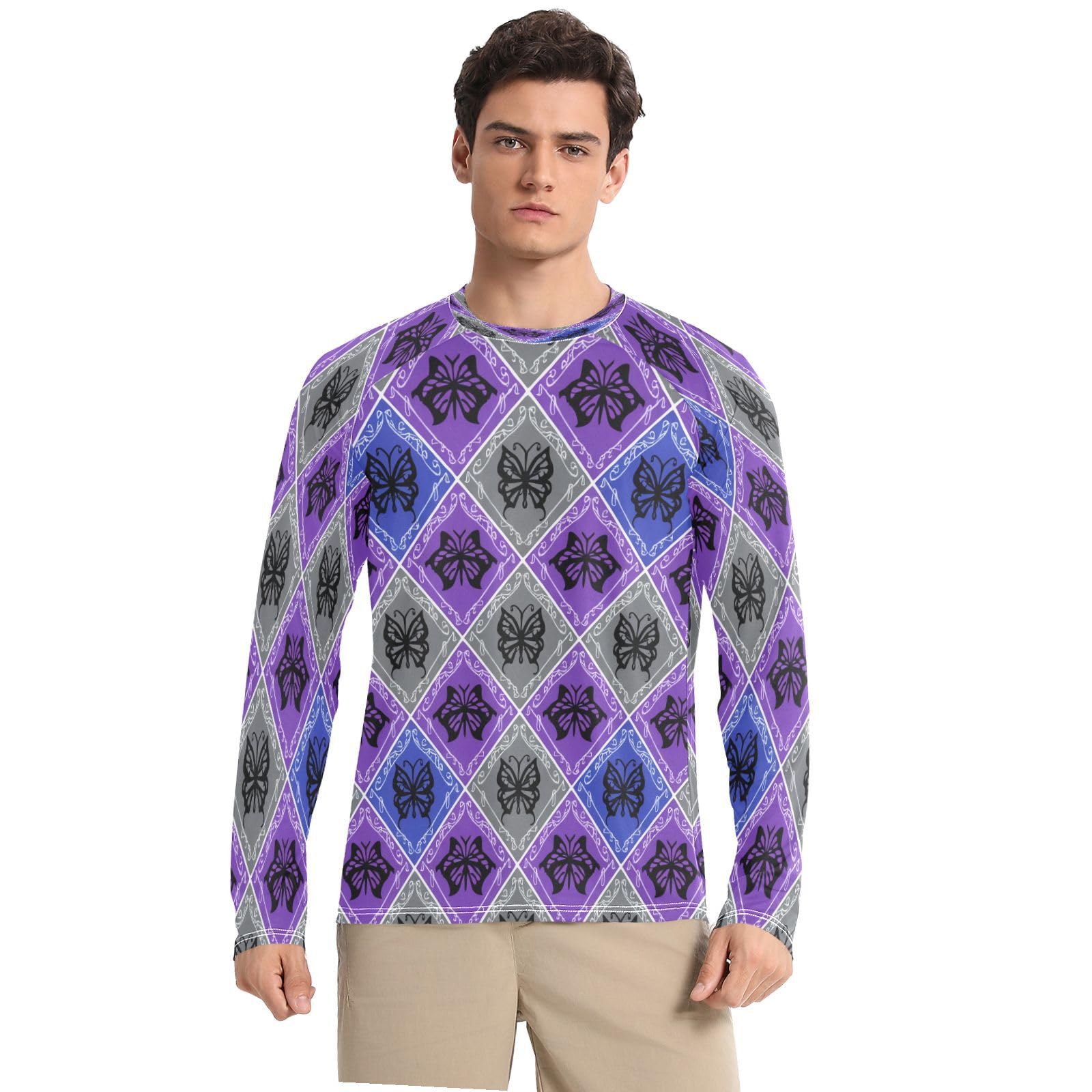 Blue Gray Butterfly Men's Sun Protection Shirts UPF 50+ Long Sleeve UV Rash Guard Quick Dry Swim Shirts-image-0