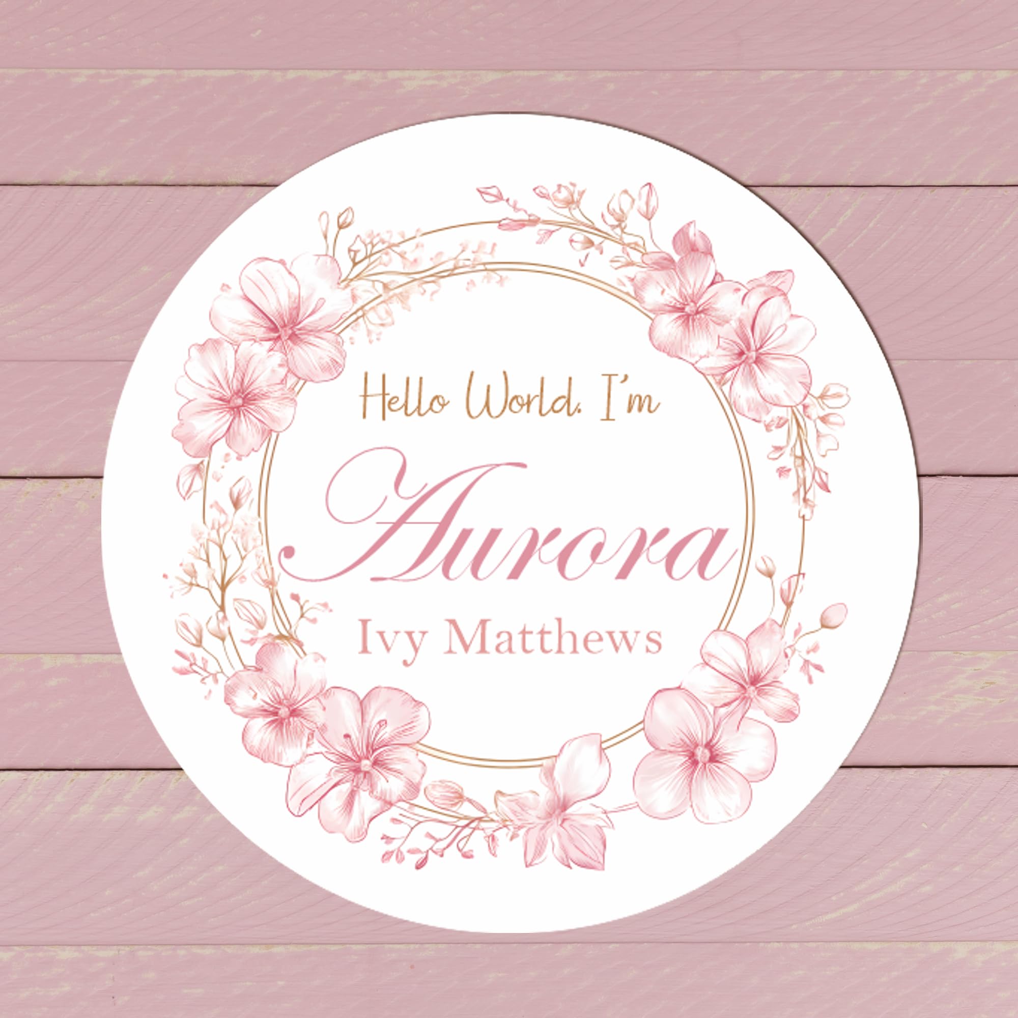 Round Floral Welcome Plaque 14cm x 14cm New Baby Girl Keepsake Disc, New Baby, Baby Shower, Personalised Name Wooden Sign, Ideal for Nursery Decor (Pink flowers gold frame)