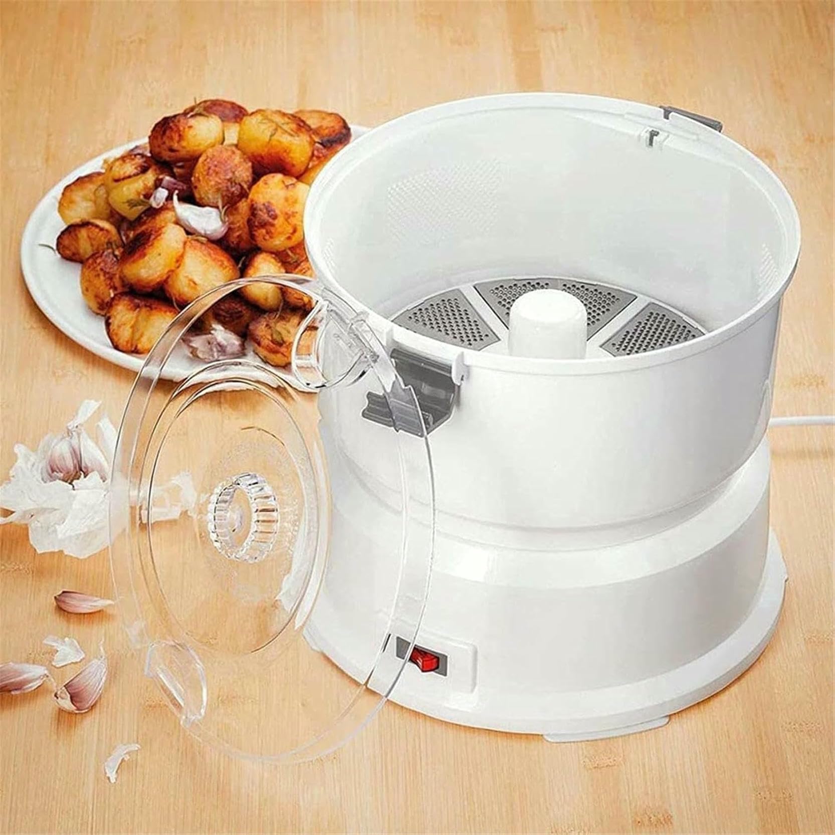 Pelador de Patatas eléctrico automático, pelador de Patatas eléctrico automático, con Cierre de Seguridad Giratorio, batidor de Patatas Blanco de 1 kg de Capacidad y con Agua.