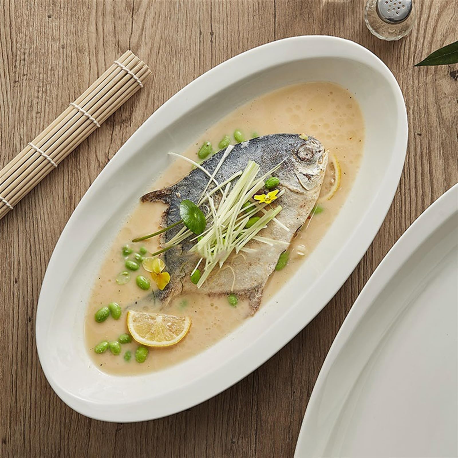 Platos Llanos Plato de Pescado al Vapor Gran tamaño, Porcelana Blanca, sensación Premium, Plato Langosta Ovalado for Restaurante Hotel, Hondo | [](16 inch)