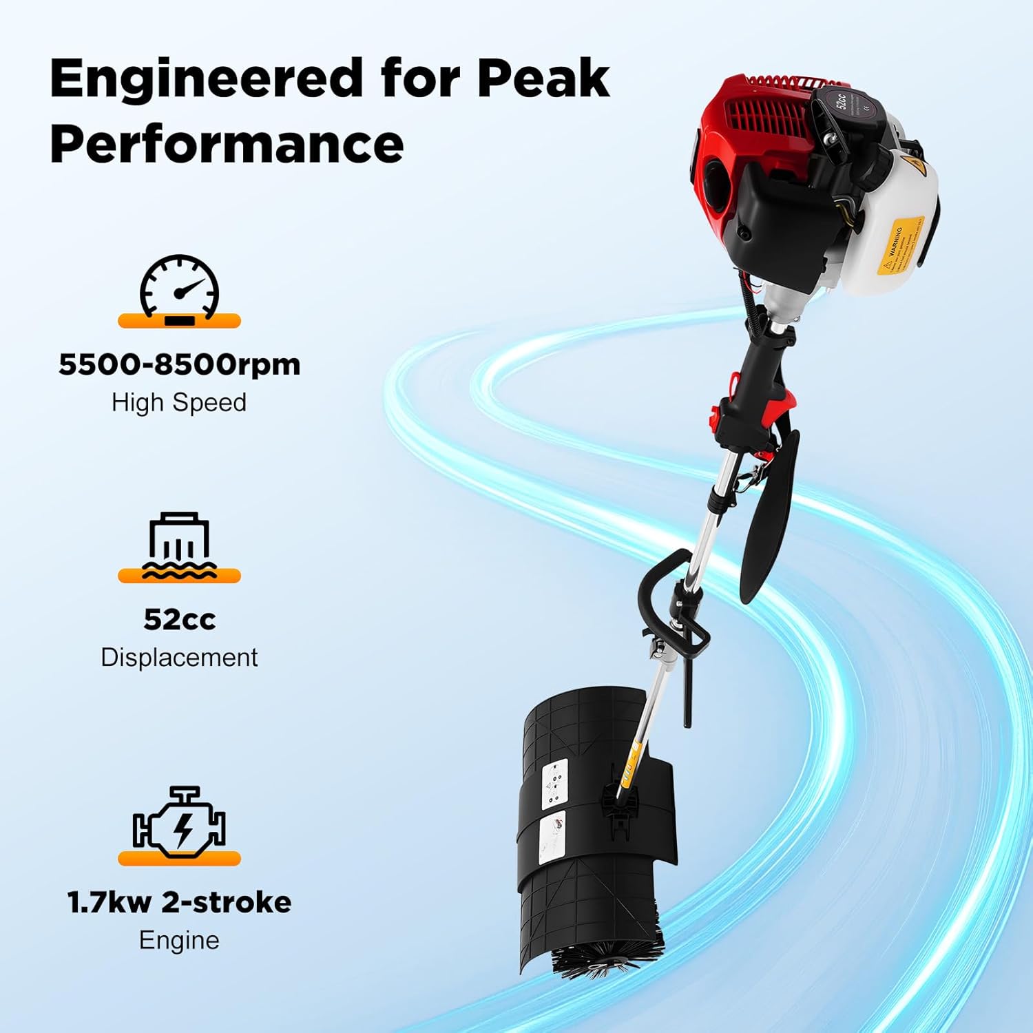 52cc Petrol Sweeper, 2.3 HP Gas Powered Street Broom with 52 cm Brush, Handheld Leaf 2‑Stroke Snow Blower, for Leaves and Dirt on Laws, Paths and Farms