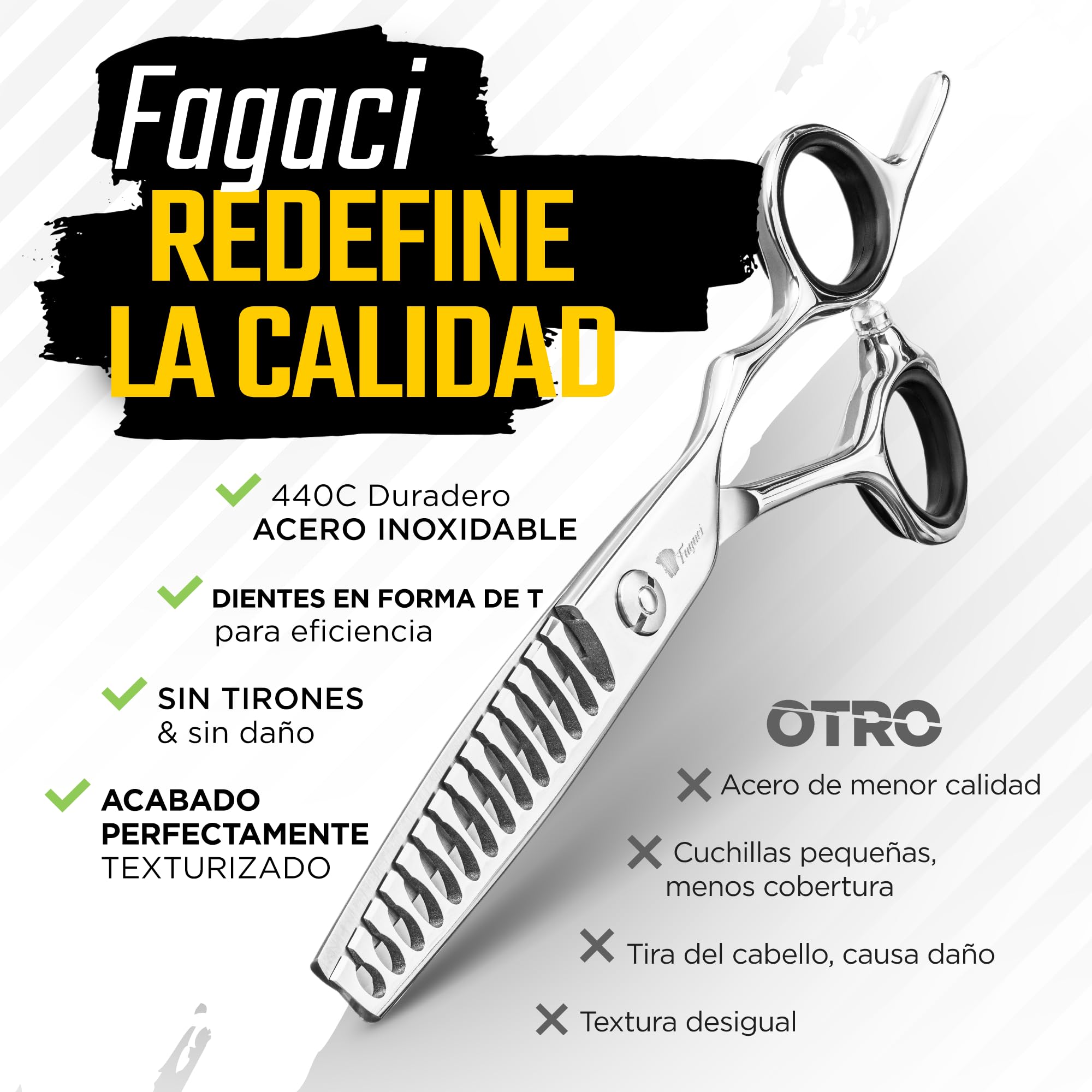 Fagaci Tijeras Peluqueria Entresacar, Dientes en T Texturizadoras 440C | Reduce el volumen del cabello hasta un 50%, Dientes en T para un agarre superior, Afilado en varias etapas, filo duradero