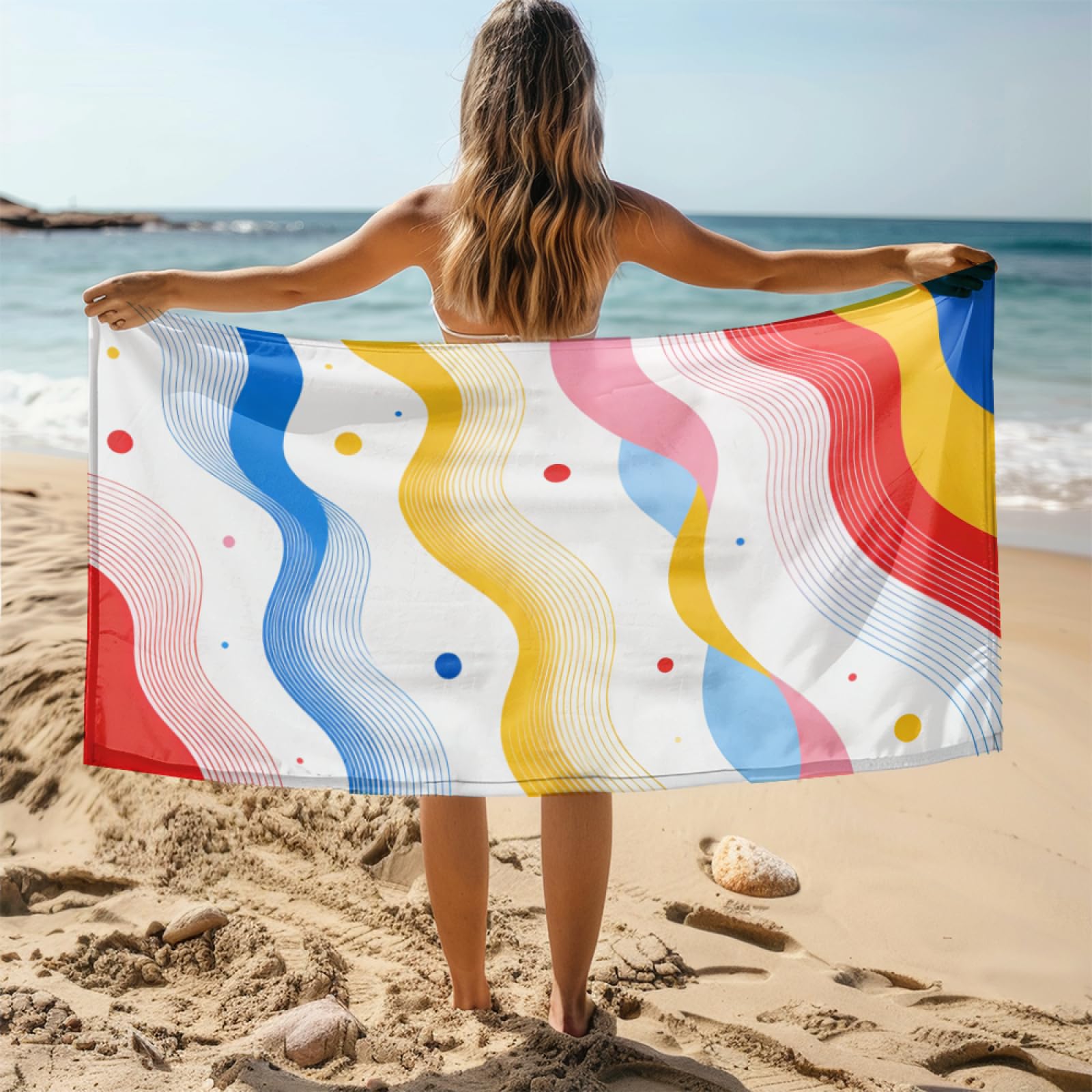 Fouta PlageLignes Bleues Rouges Jaunes Modèle Surdimensionné avec Diverses Tailles, Respirante et Portable, Parfaite pour Voyages Sorties Piscine et Usage Extérieur Quotidien 90x160 cm