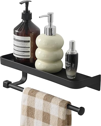 Vista 9 de Toallero de mano para baño, soporte para toallas de papel, soporte de pared, para baño, soporte para toallas de papel negro con estante, soporte