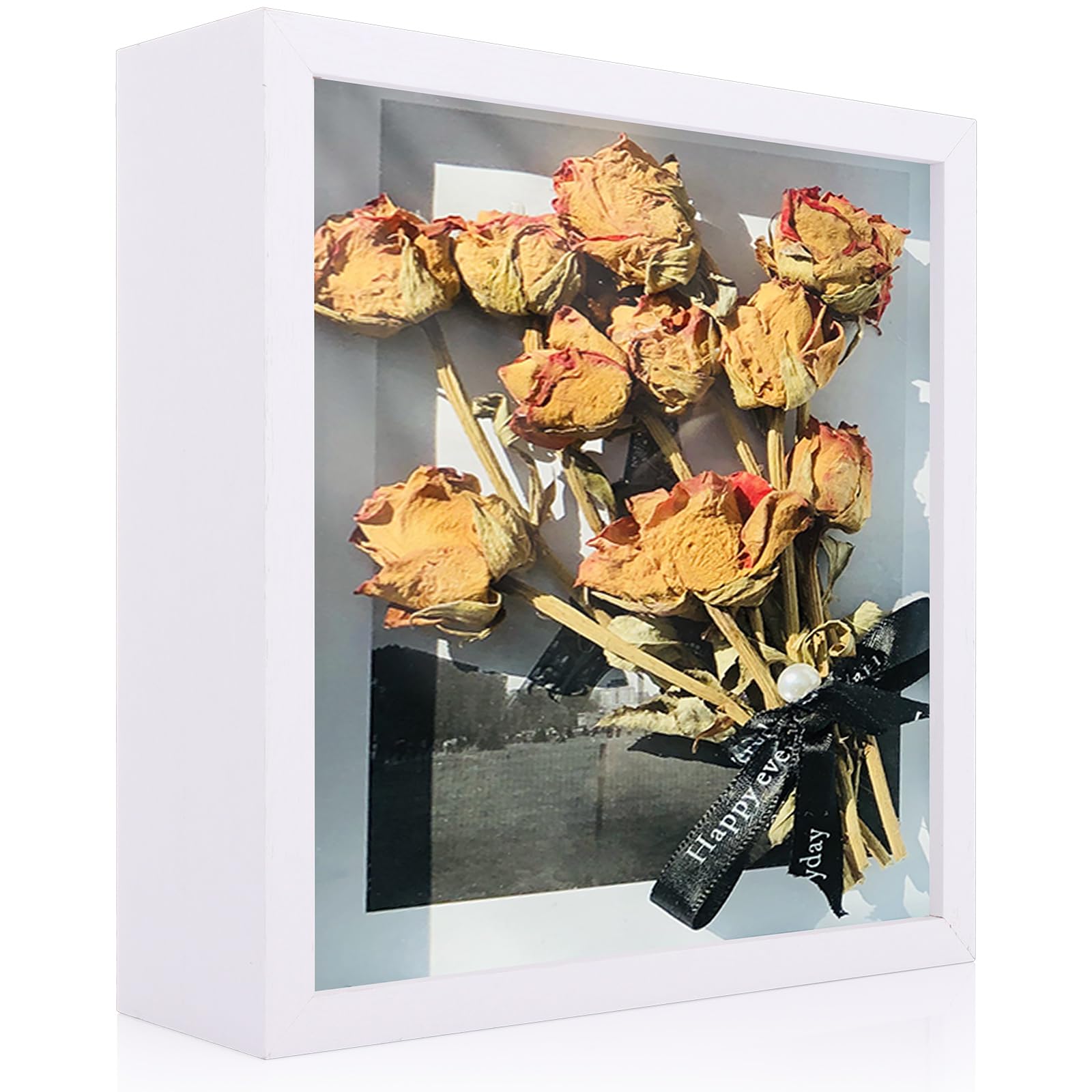 Marco de fotos profundo blanco y caja de exhibición para recuerdos