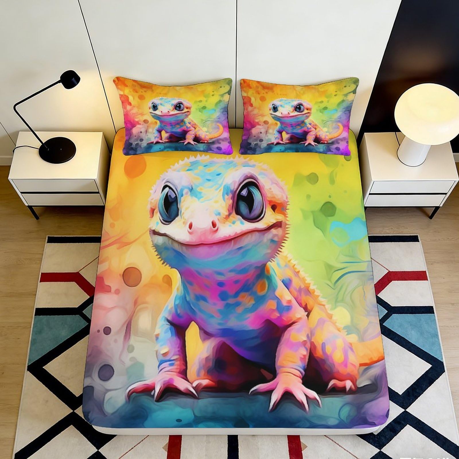 3D Printed Colorful Gecko Fitted Sheet Microfiber Soft Anti-Slip Lizard Mattress Cover Bedroom Dorm Decor 90x200x25cm