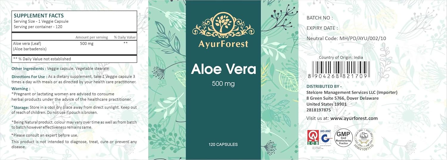 AyurForest Aloe Vera Supplement, 120 Capsules 500 mg Each, All Natural Non-GMO,Immunity and Digestive Health | Interstitial Cystitis & Painful Bladder Relief : Health & Household