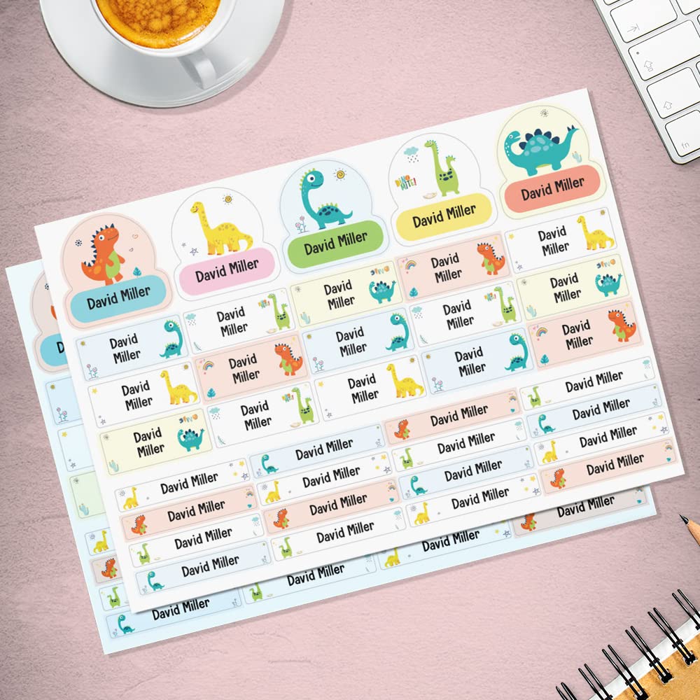 Dino School Name Stickers Self Adhesive Waterproof Personalised Name Stickers for Water Bottles Papa Prints®