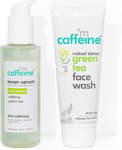 mCaffeine Skin Calming Green Tea Routine with Face Wash & Cica Toner-Serum | Cleanses, Moisturizes & Tones Skin | 2 Step Quick Daily Routine |Set of 2