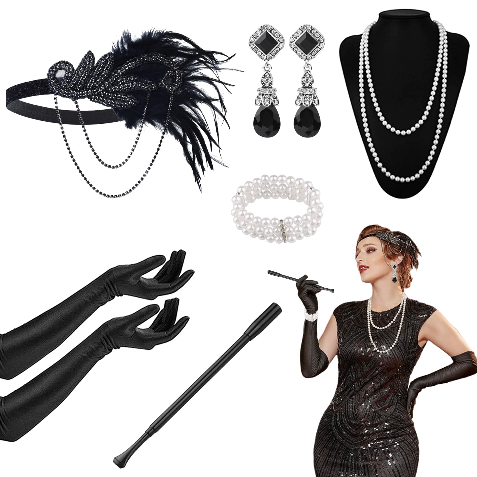 1920s Accessories for Women, 6 Pieces Roaring 20's Flapper Great Gatsby Accessories Set with Headband Long Gloves Pearl Necklace Bracelet Earrings Handheld Holder for Ladies Girls Party Prom (Black)