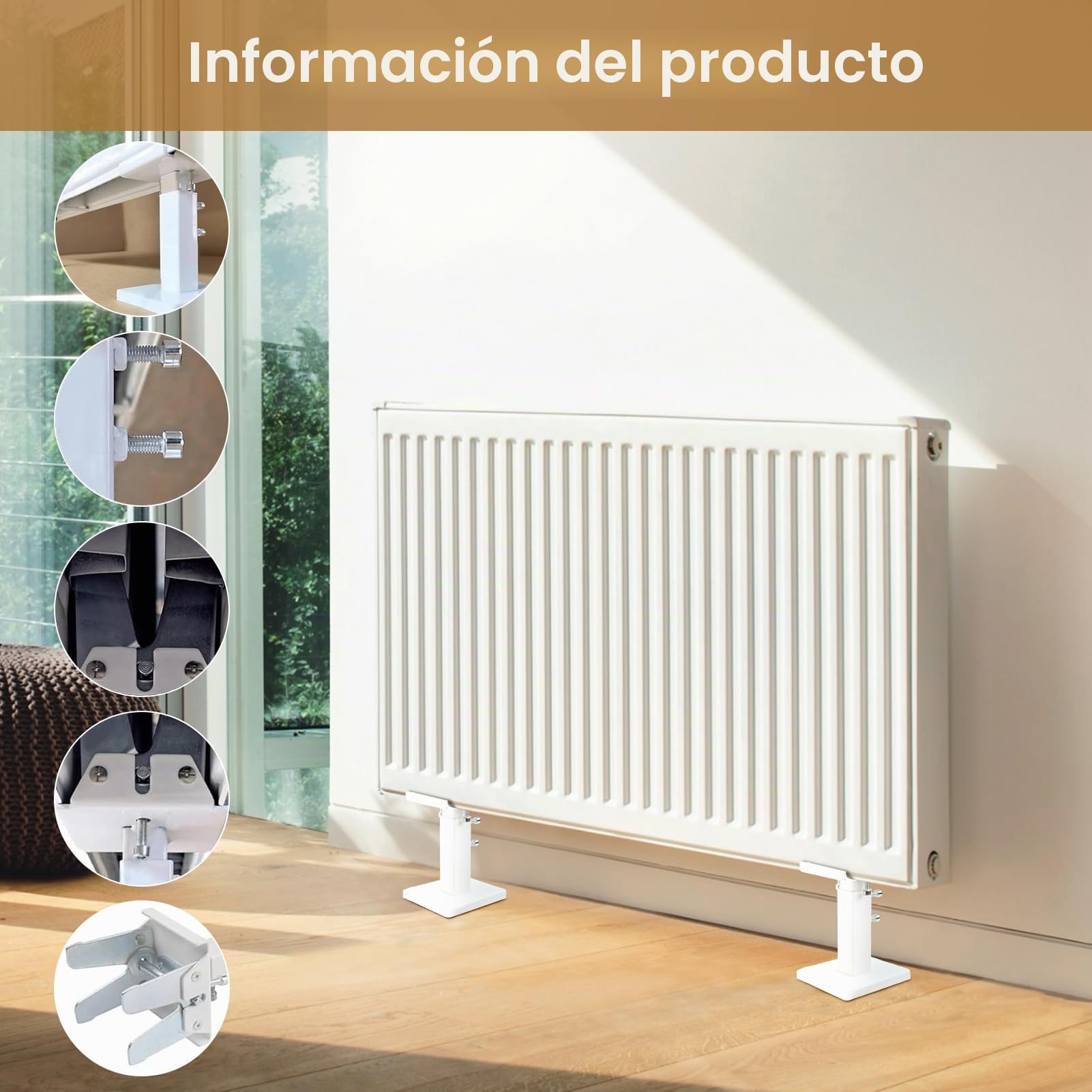 Kit de patas de montaje en suelo para radiador, soportes ajustables de acero, blanco y plateado