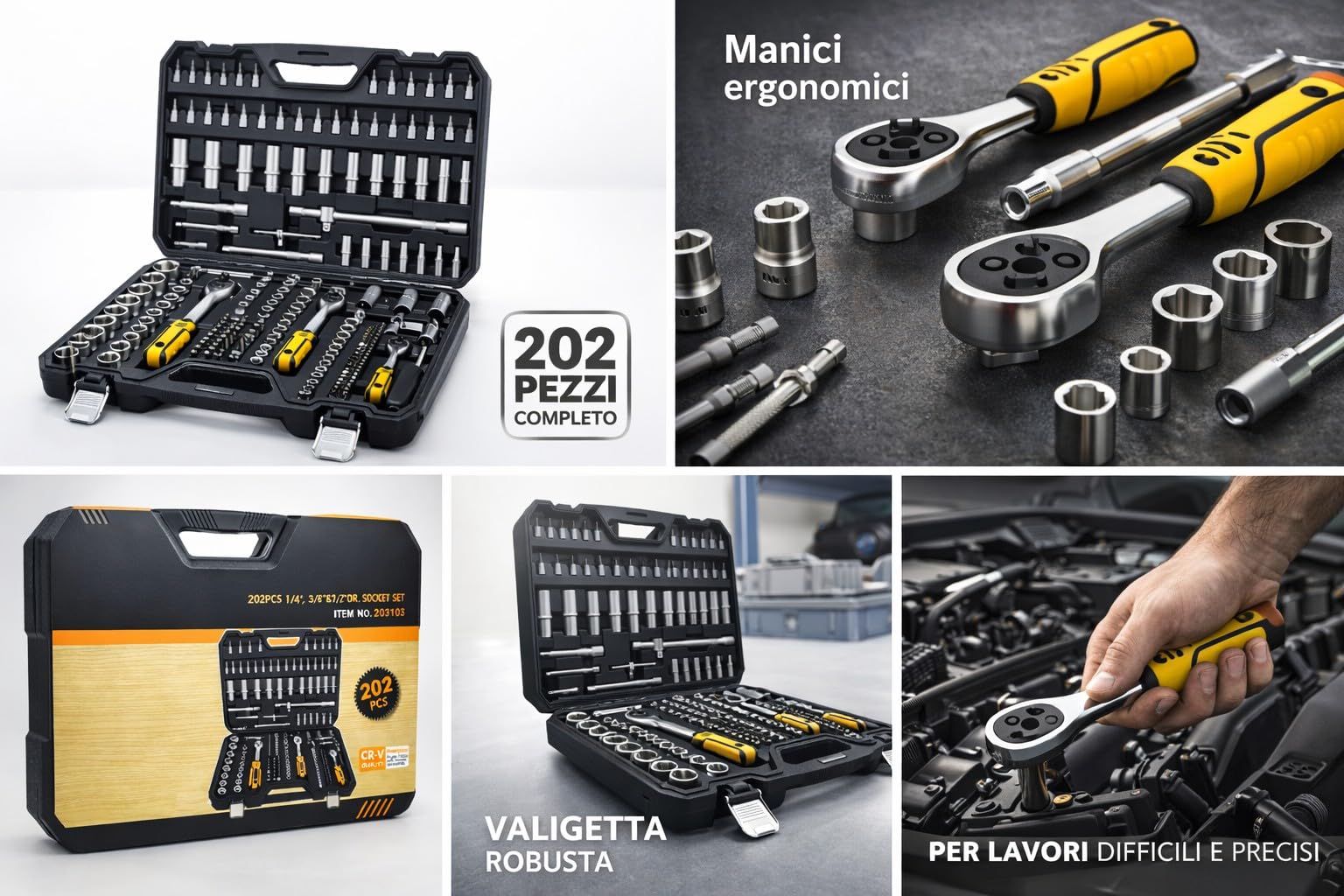 Valigetta Attrezzi 202 Pezzi Chiavi a Bussola con Cricchetto 1/4" 3/8" 1/2" Acciaio Cr-V Professionale Set Bussole Completo con inserti Torx, Prolunghe e Accessori Kit Utensili Meccanico per Auto