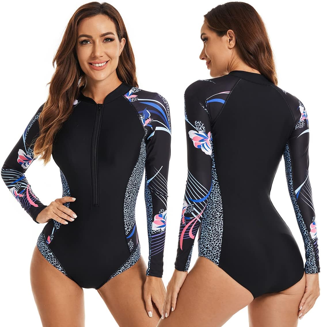 LafyKoly Women's One Piece Long Sleeve Rash Guard UV Protection Printed Surfing Swimsuit Swimwear Bathing Suit - Image 2