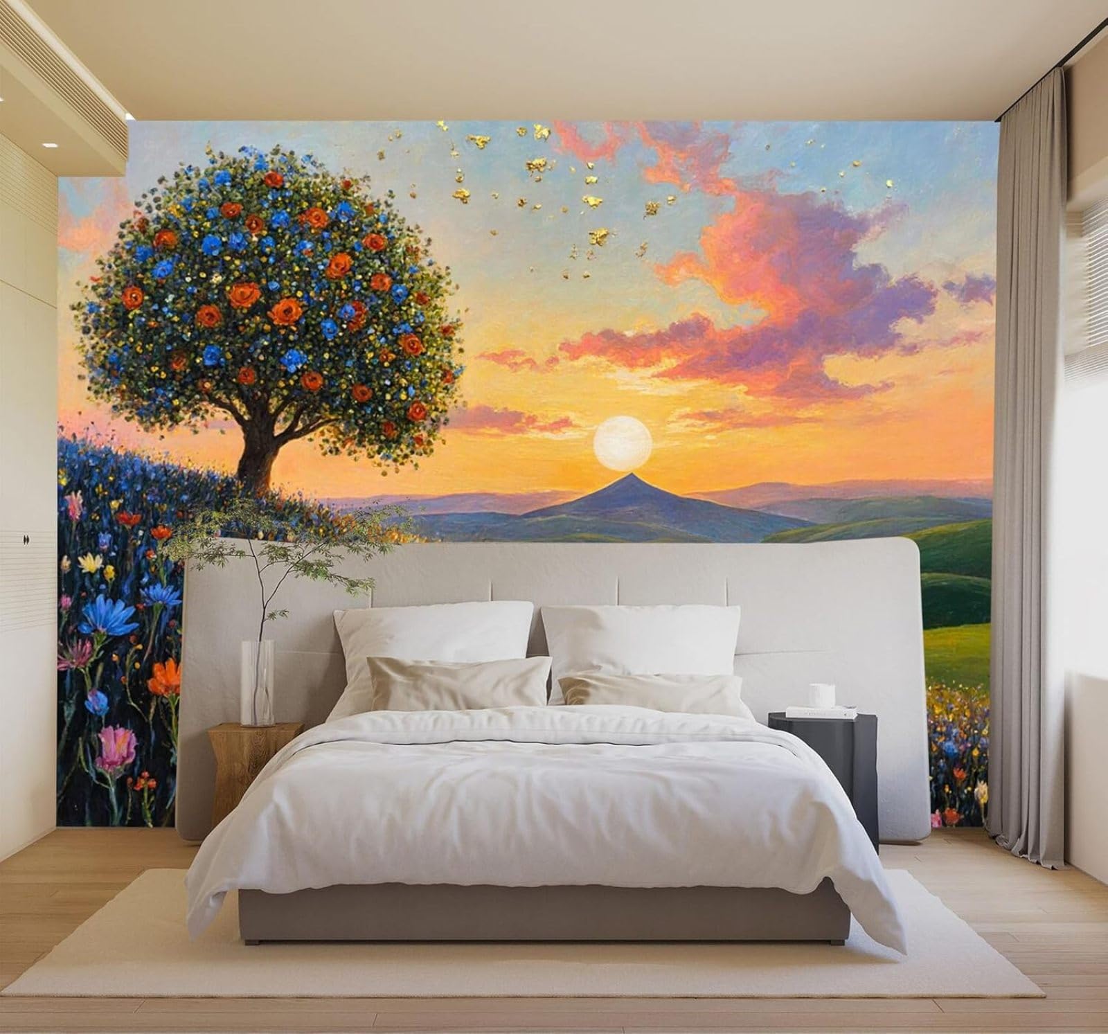 3D Papel Pintado Árboles De Colores Vivos Flores Silvestres Puesta Colinas