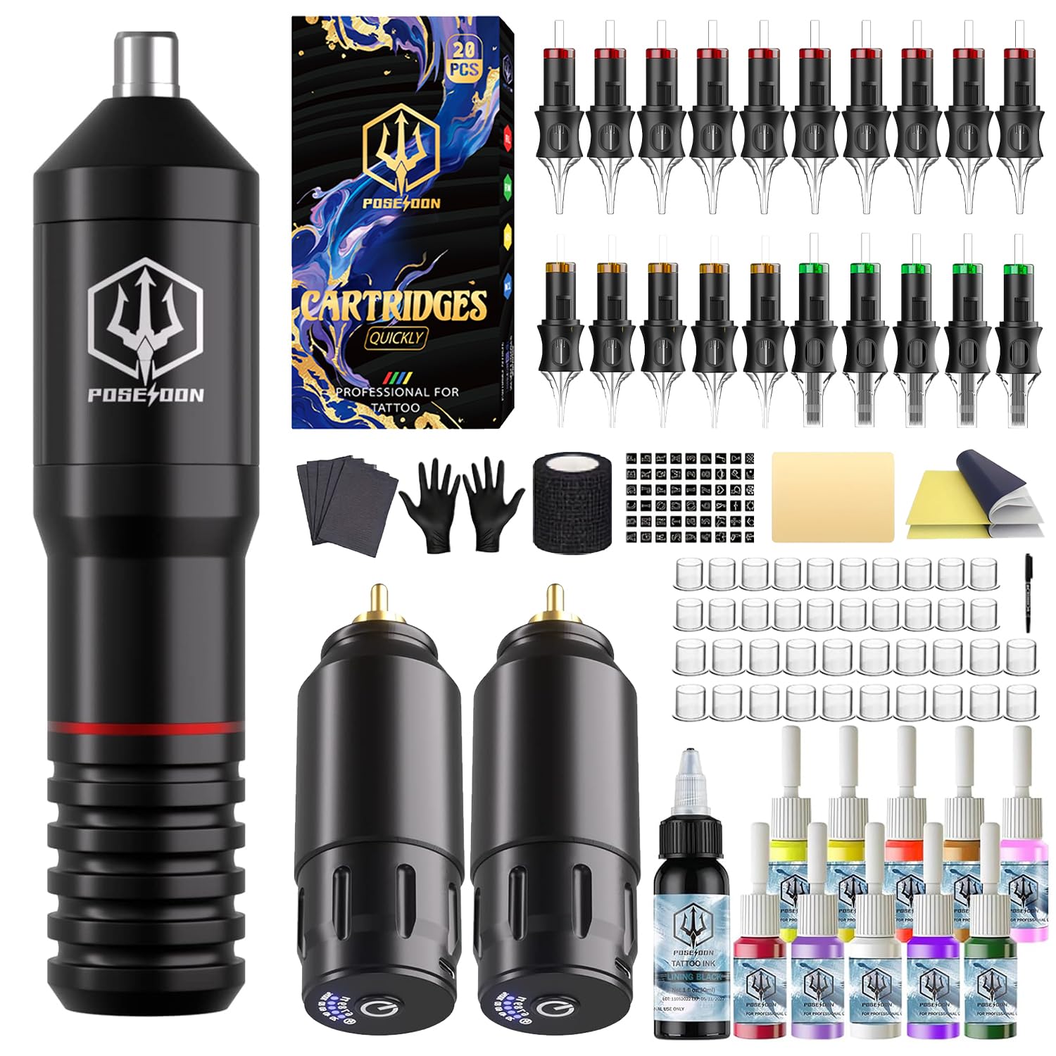 POSEIDON Cordless Rotary Tattoo Machine Kit with 20 Tattoo