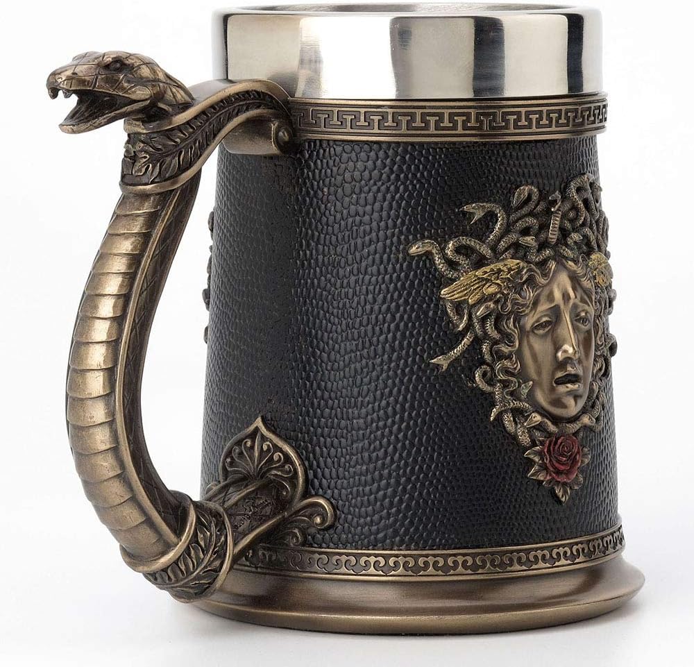 Veronese Design 5.75 Inch Greek Roman Goddess Medusa Beer Stein Large Stainless Steel Tumbler Antique Bronze Finish Sculpture Tabletop Decorative Cup