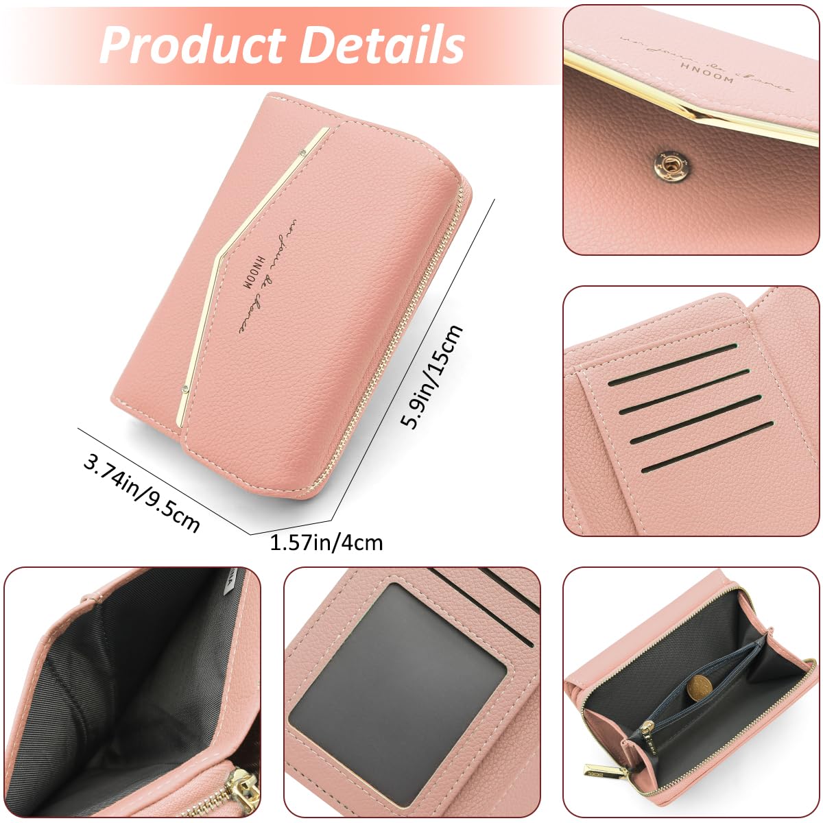 HNOOM Porte Monnaie Femme Portefeuille Femme en Cuir PU Porte Carte Monnaie Portefeuilles pour Femmes Court Zippé Femmes avec 9 emplacements pour Cartes Petit Porte Feuille (Rose)