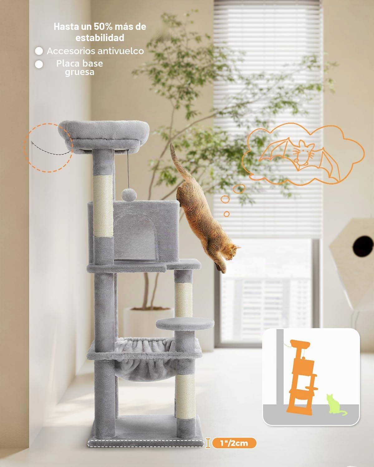 PAWZ Road Árbol para gatos con hamaca de peluche de metal, torre para gatos adultos con casa condo de 2 puertas, gris, 116 cm