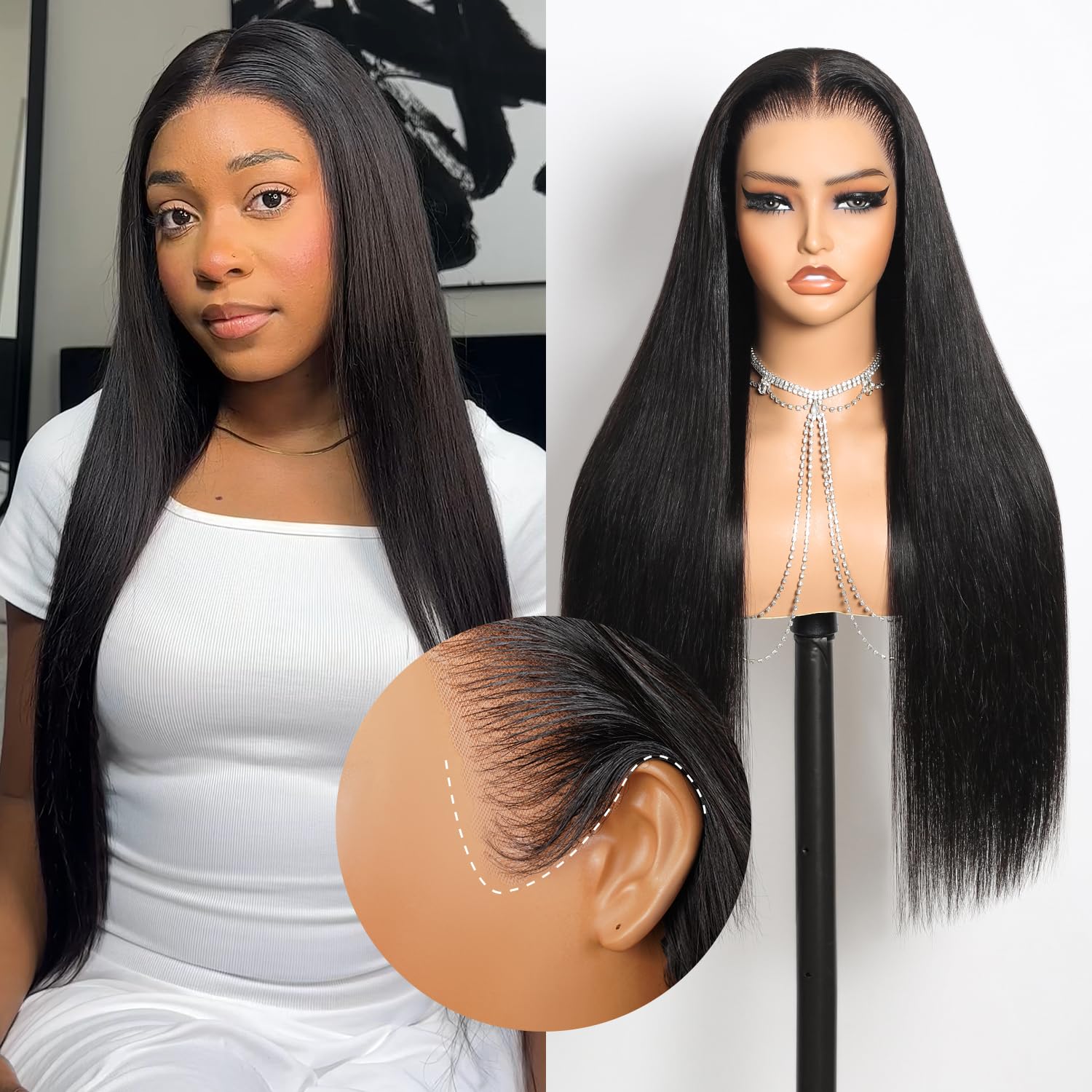 MEGALOOK 13x6 HD Lace Front Wig Human Hair Upgraded Ear-To-Ear Frontal Glueless Wigs Peluca Cabello Humano 12A Pre Plucked Pre-Bleached Pre-Cut Straight Drawstring Wig with Ear Tapes 22 Inch