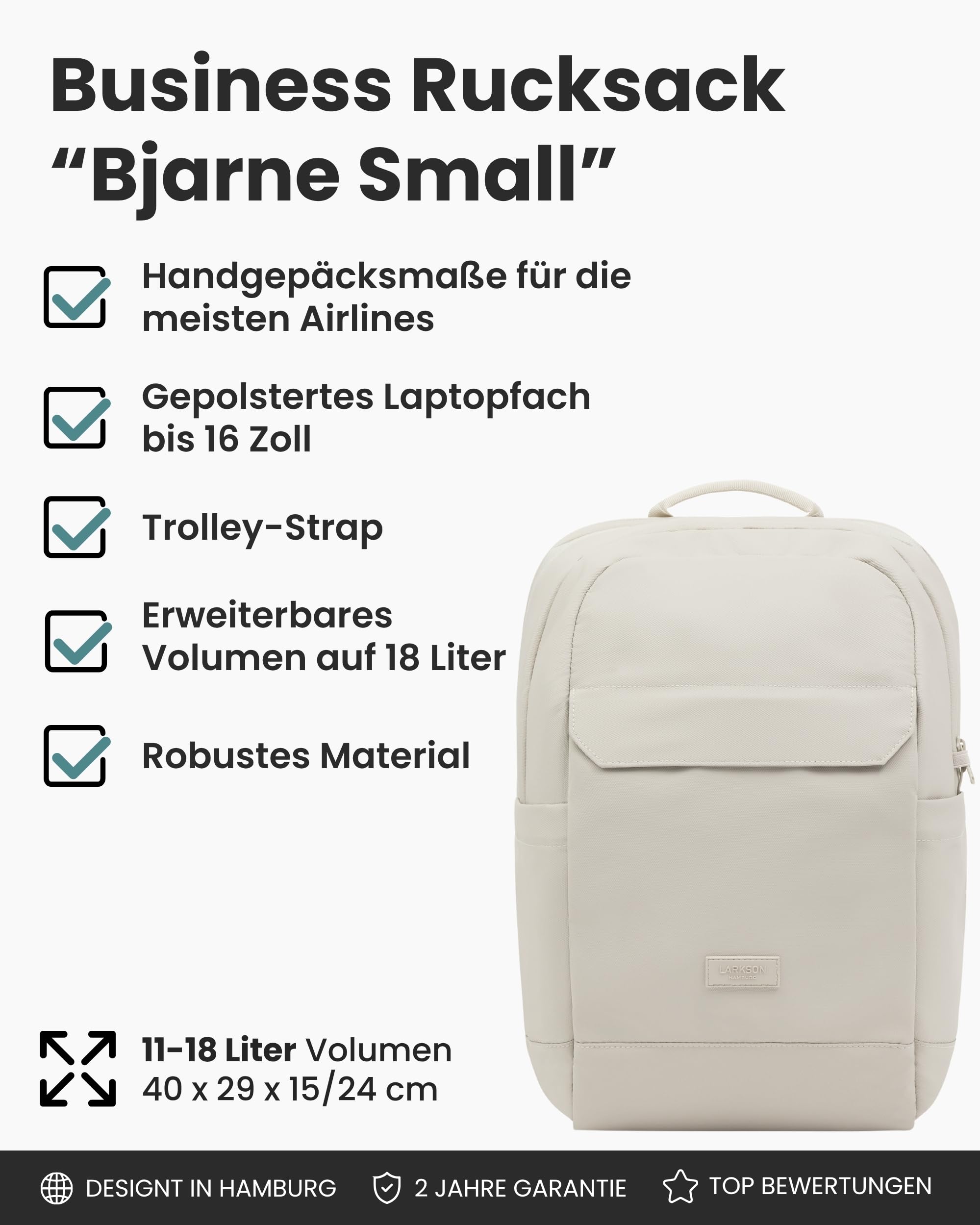 LARKSON Business Laptop Rucksack Herren Beige - Bjarne Small - Kleiner Arbeitsrucksack mit 16 Zoll Laptopfach - Handgepäck mit Anti-Diebstahl-Loops - Wasserabweisend