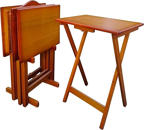 FUQIAOTEC Juego de 4 bandejas plegables clásicas para TV con estante de almacenamiento, mini mesa de aperitivos a juego, ideal para sala de estar,