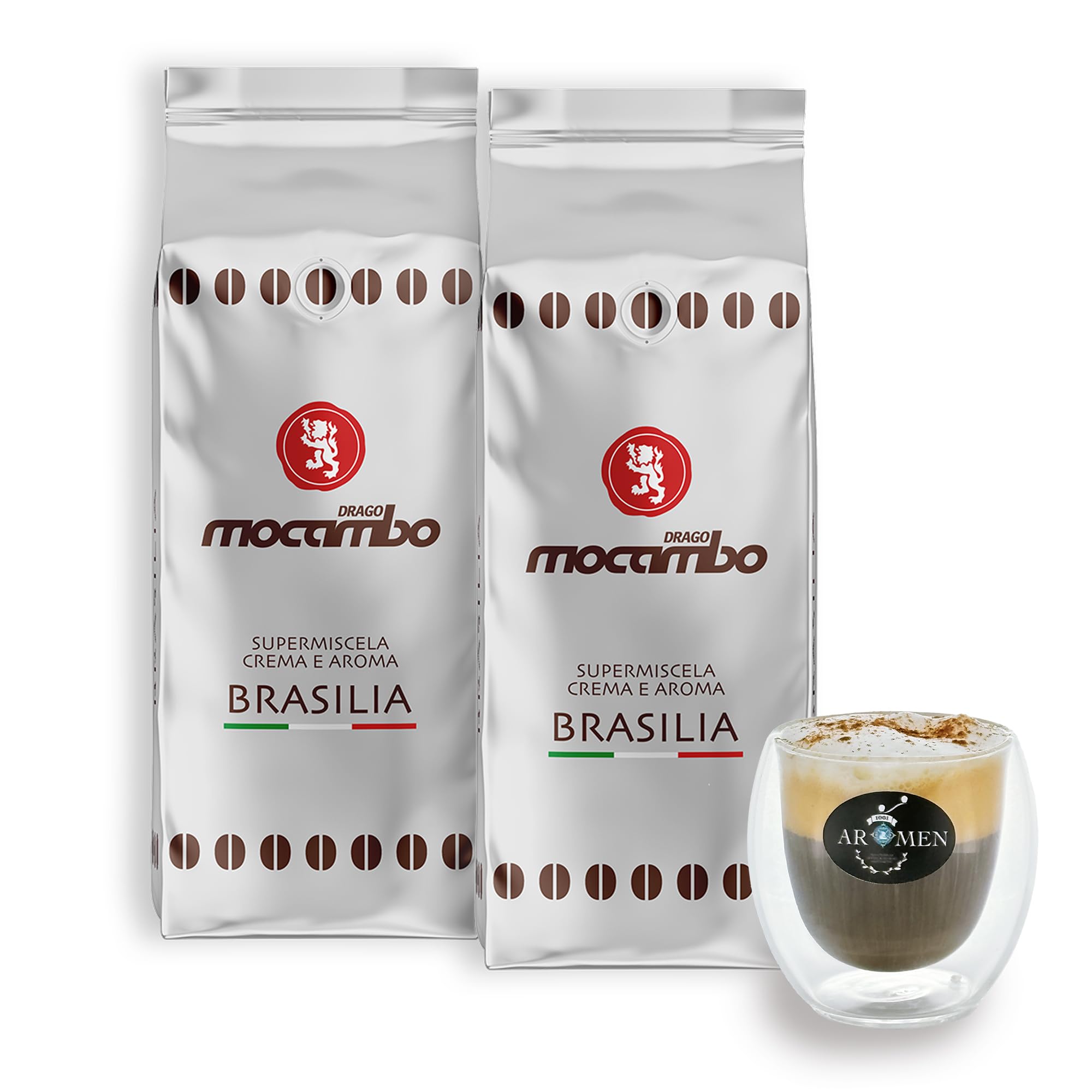 Mocambo Brasilia, Silber,ganze Bohne, Menge:2kg (2er Pack) + Espressotasse doppelwandig
