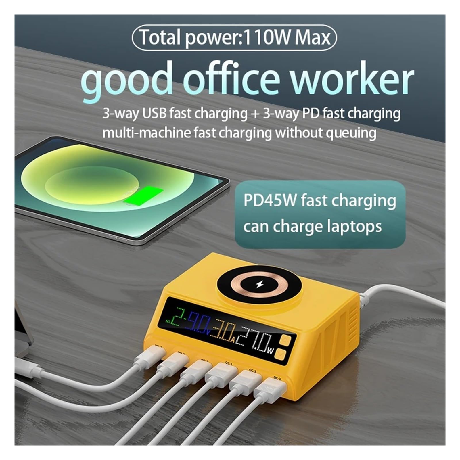 Station De Chargeur USB 110W À 6 Ports, Charge Rapide sans Fil Magnétique QC3.0 PD3., for Tous Les Téléphones Et Ordinateurs Portables Capacité De Charge Rapide(Yellow)