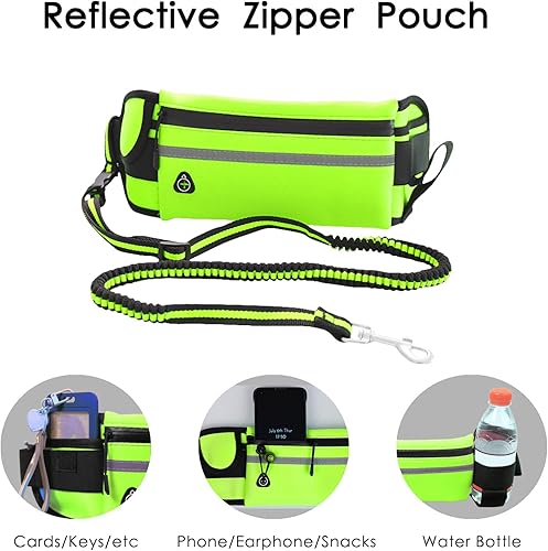 Miniatura 2 de Correa de perro manos libres, correa verde manos libres para perros pequeños y grandes con bolsa impermeable con cremallera, cinturón reflectante