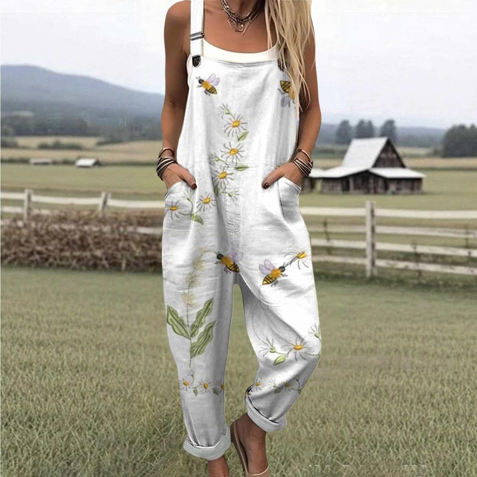 Generico Salopette Donna Estiva Lunga Elegante Tuta Jumpsuit Intera Curvy Casual Moda Stampa Jumpsuits Comoda Larga Pantaloni Da Lavoro Con Tasca Leggera Baggy Salopette da Casa Playsuit Mare