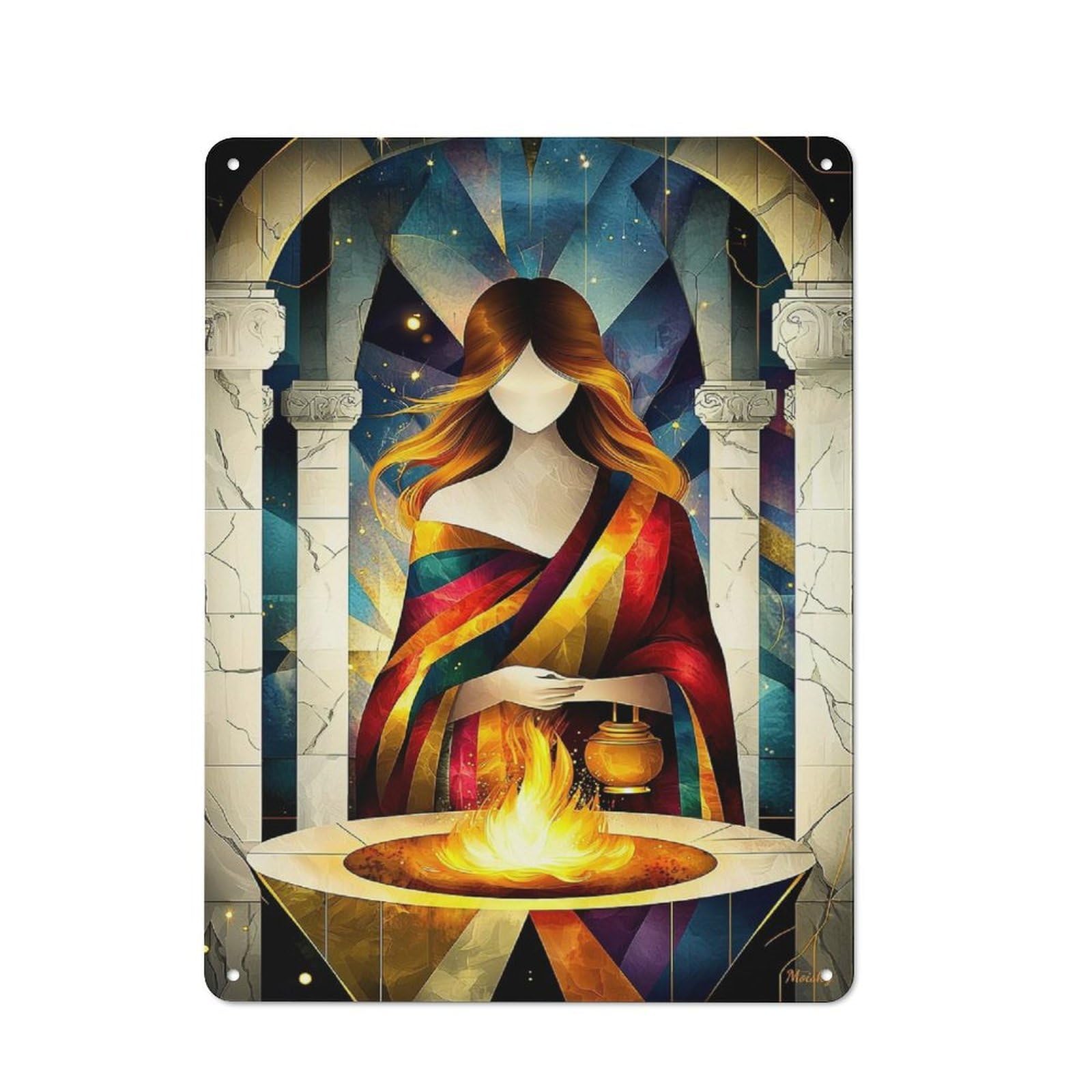 Junmoney Hestia - Cubist Minimalist Legend - Goddess O Retro Metal Wall Sign 40X30cm With F The Hearth & Sacred Fire In Mythological Art For Hallway Wall, Gift For Wall Display Collectors During The Christmas S