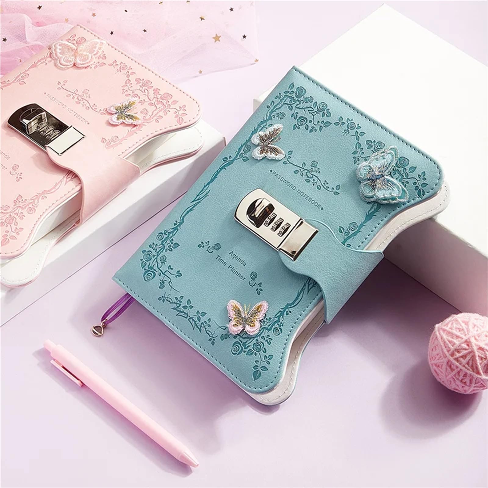 Tagebuch Mit Schloss Literarisches Mädchen-Herz-Schmetterlings-Passwortsperr-Notizbuch for Mädchen, geheimes Tagebuch mit Anhänger, PU, ​​exquisites Studenten-Notizblock-Bürobuch(Pink-Rose Garden)