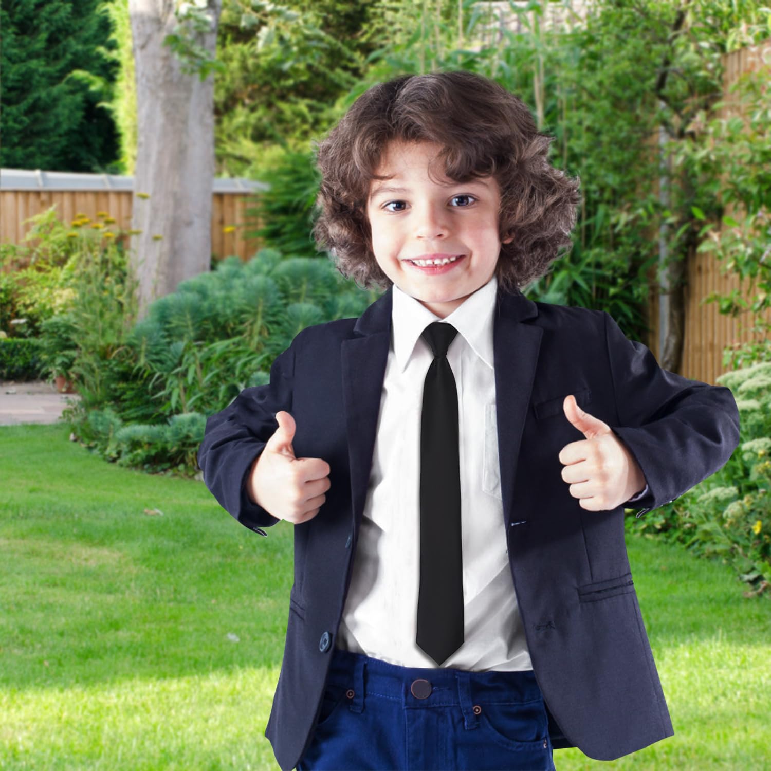 Eshwb Boys Tie Pre-Tied Adjustable Kids Neckties for Age 8-12, 15 Inch Woven Formal Kids Tie School Wedding (black)