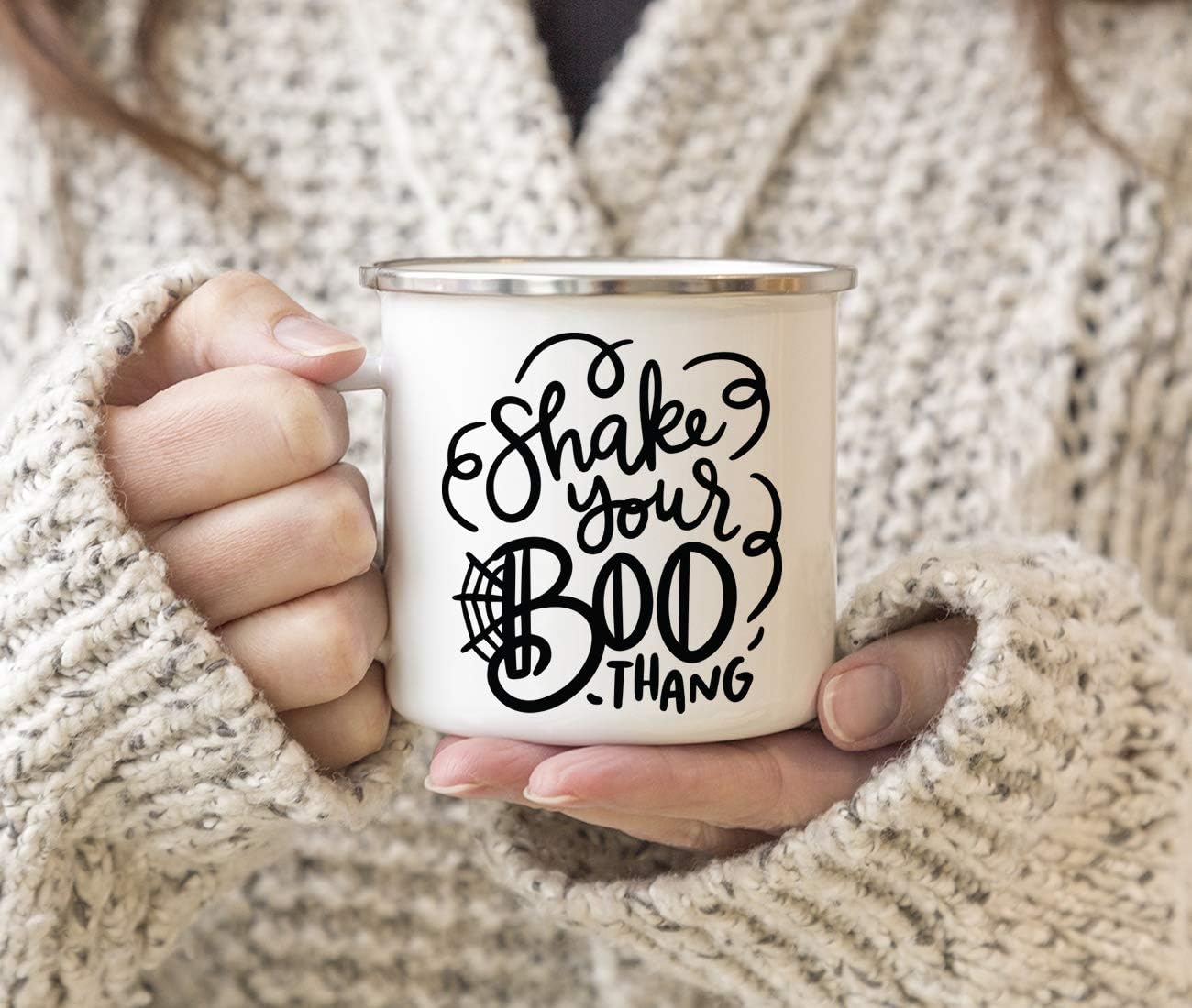 Andaz Press Halloween 11oz. Stainless Steel Campfire Coffee Mug Gift, Shake Your Boo Thang, 1-Pack, Enamel Camp Themed Birthday Gift Ideas for Hostess Friends