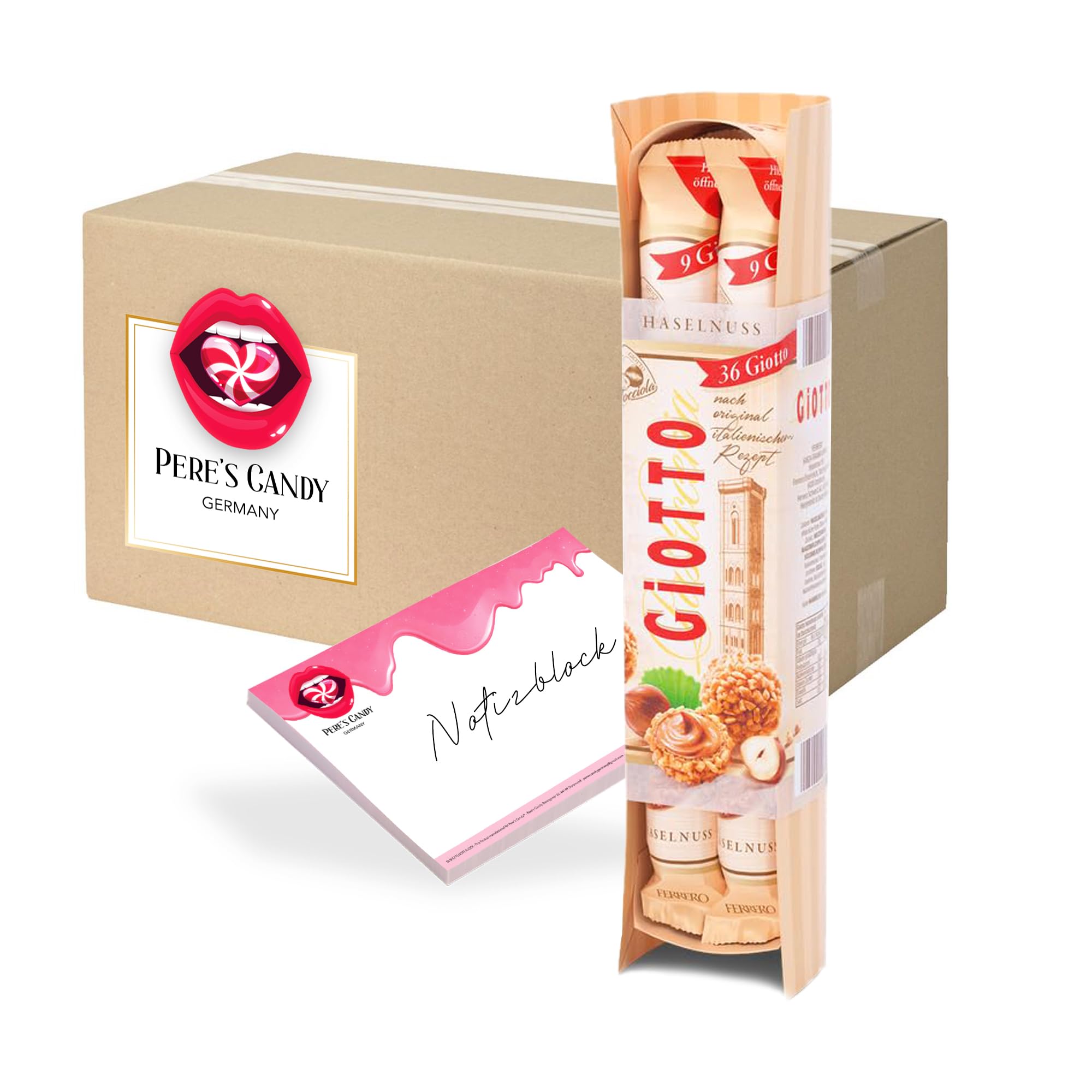 Pere's Candy Bundle für Giotto Stange 9 x 154 g Milch-Haselnuss-Creme-Füllung + Pere's Candy Notepad DIN A7-25 Blatt