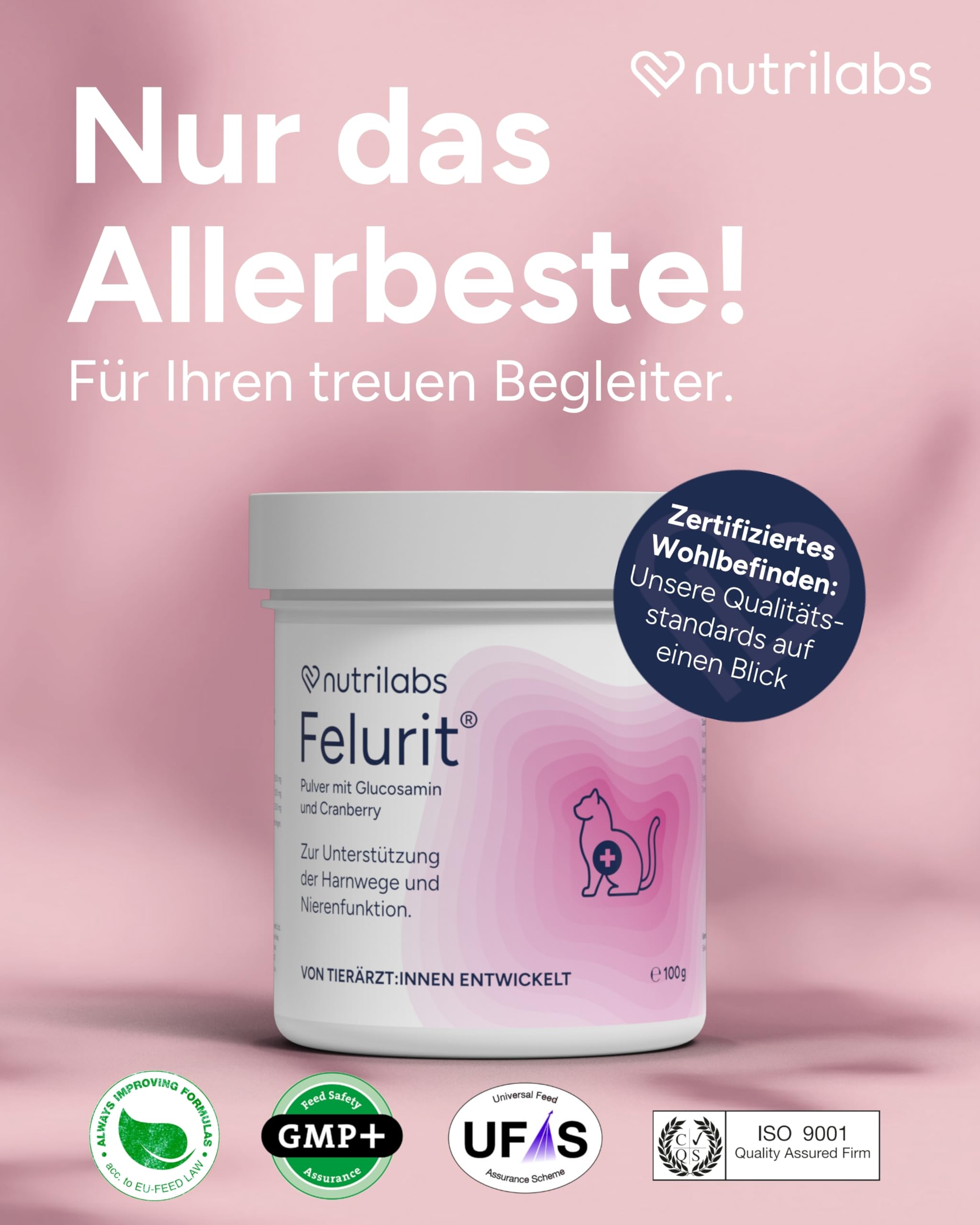 NutriLabs Felurit® Pulver 100 g - Katzen Nahrungsergänzung mit Glucosamin, D-Mannose, Cranberry-Konzentrat u.v.m. - wichtige Nährstoffe - Gesundheitsprodukte für Katzen