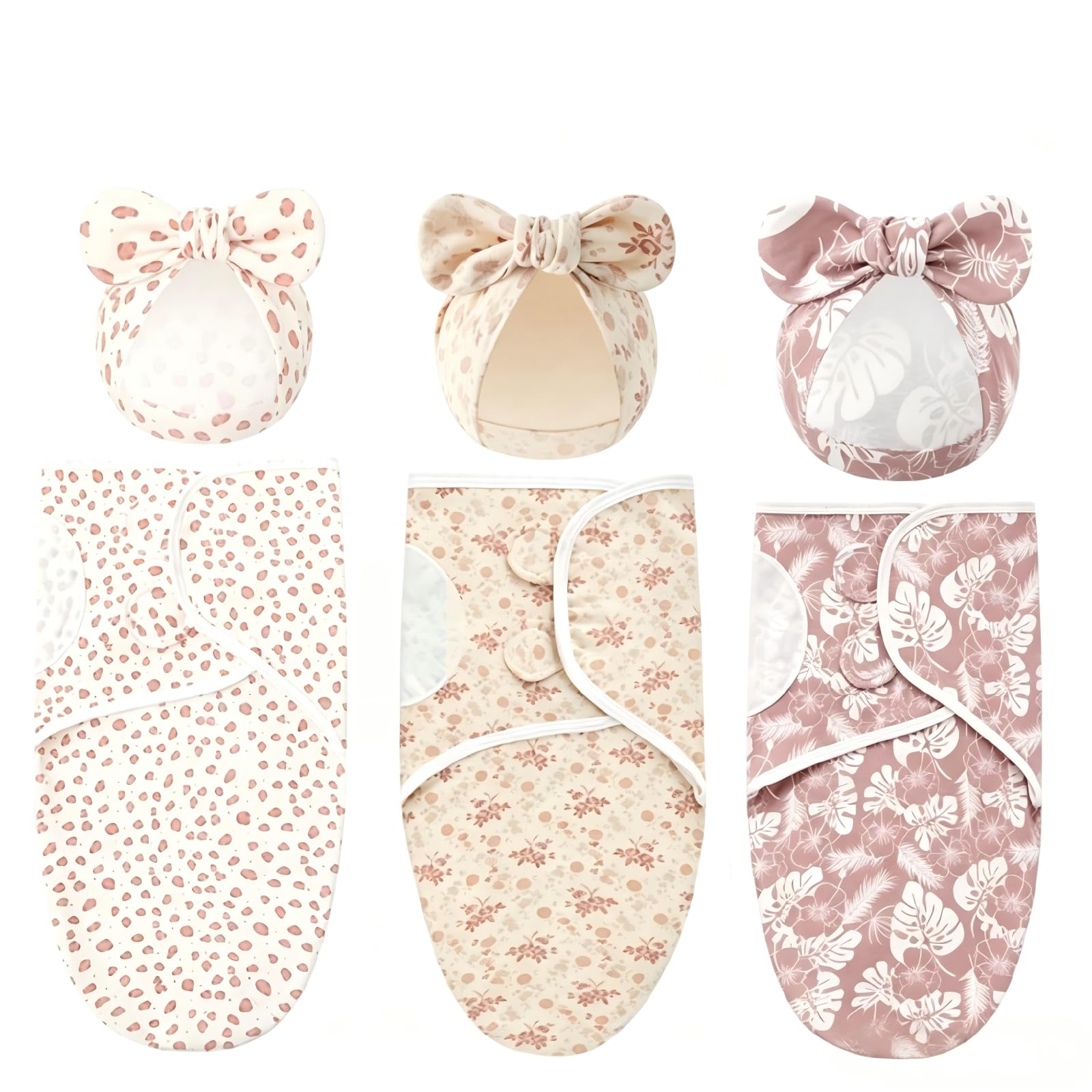 DRESHOW 3 Pack Newborn Swaddle Blanket with Hats Adjustable Swaddling Wrap — image 1
