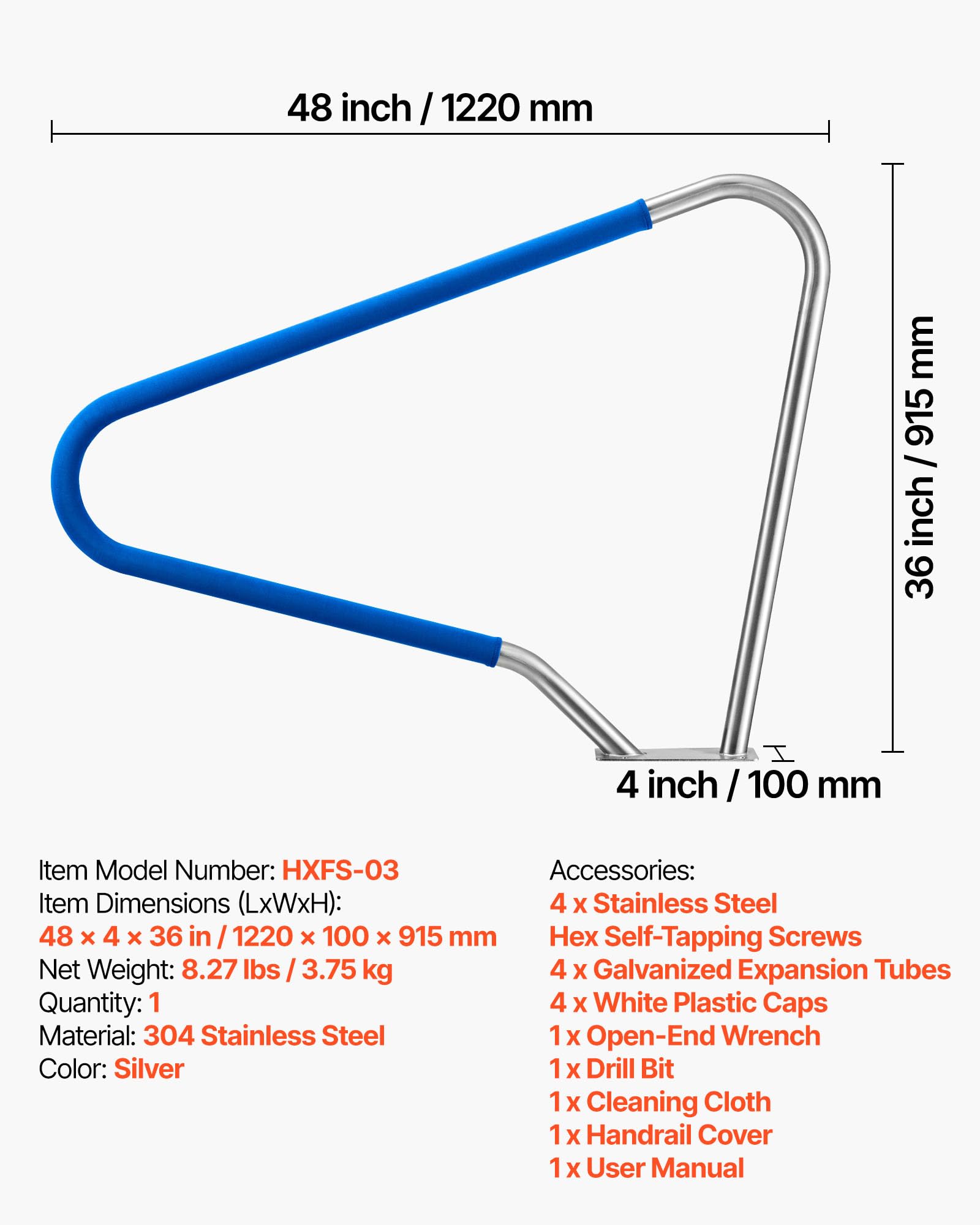 VEVOR Barandilla para Piscina, Carga de 100 kg, Acero Inoxidable 304, Cubierta Antideslizante Extraíble, Amplia Gama de Accesorios, para Piscinas, Parques Acuáticos y Spas, 1220 x 100 x 915 mm