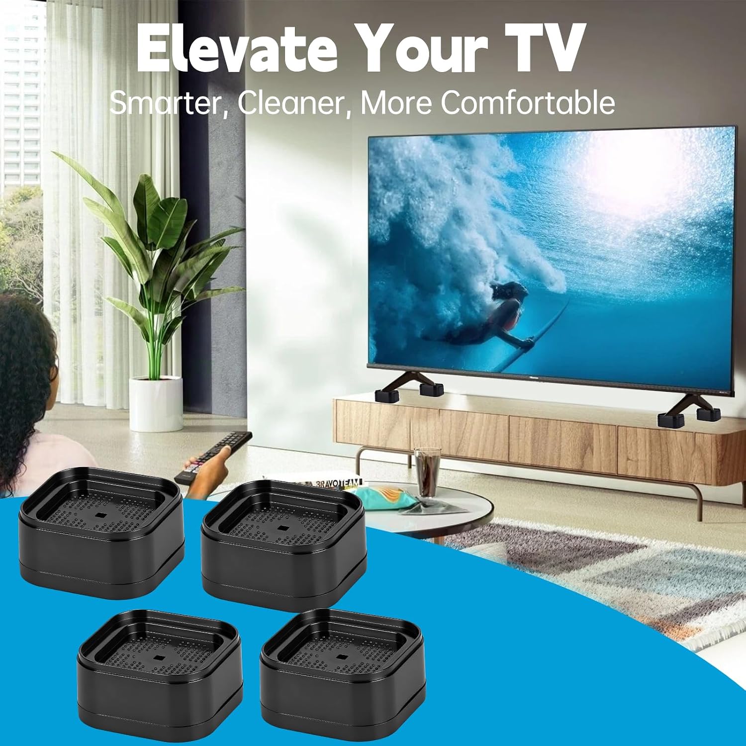 4 Pack TV Stand Riser Blocks, Heavy-Duty Adjustable Height Blocks for Raising TV Stand, Rectangular Adjustable Block Lift, Durable Non-Slip Television Elevation Pads for Home and Office