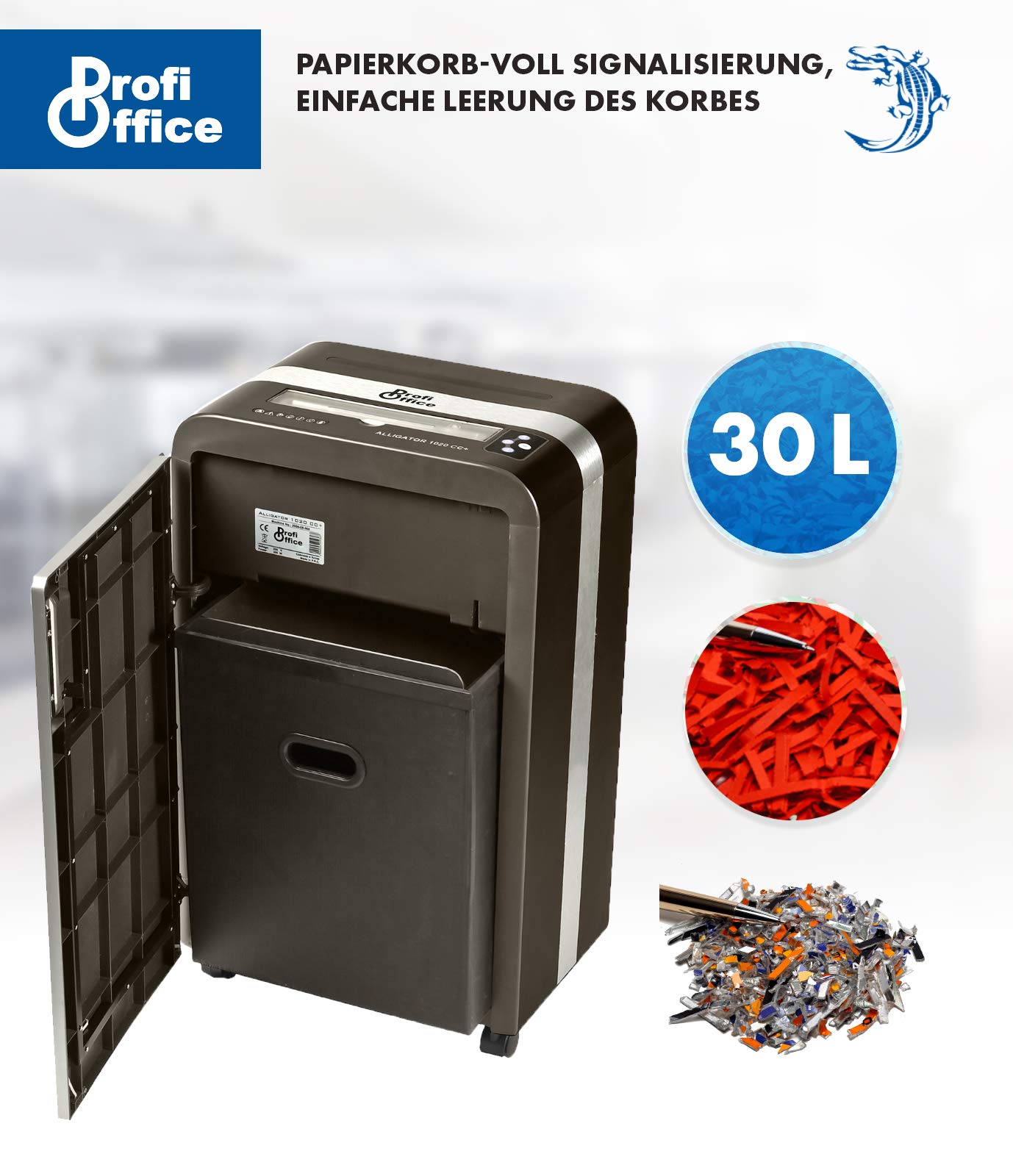 Destructora de Papel Alligator 1020 CC Plus – Trituradora 20 Hojas Corte Cruzado P-3 | para Gran Oficina, Pantalla Digital, Papelera 30L, Silenciosa para CD y Tarjetas, 350W